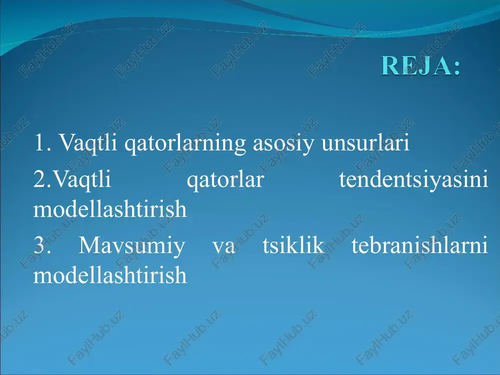 endlarni tuzish uchun ko’proq quyidagi funktsiyalar qo’llaniladi: chiziqli trend: giperbola: eksponentsial trend: ko’rsatkichli funktsiya shaklidagi trend: ikki va undan yuqori tartibli parabola: tendentsiya turlarini aniqlashning bir qancha usullari mavjud. eng ko’p tarqalgan usullar qatoriga o’rganilayotgan jarayonni sifat jihatidan tahlil qilish, qator darajalarini vaqtga bog’liqligi grafigini qurish va uni tahlil qilish, dinamikaning ayrim asosiy ko’rsatkichlarini hisoblash usullarini kiritish mumkin. tendentsiya turlarini aniqlashda qator darajalarining avtokorrelyatsiya koeffitsientlarini qo’llash mumkin. tendentsiya turi berilgan va qayta tuzilgan qatorlar darajalari bo’yicha hisoblangan birinchi tartibli avtokorrelyatsiya koeffitsientlarini solishtirish yo’li bilan aniqlanadi. trend parametrlarini hisoblash. misol.«n»-yilning 10 oyi nominal oylik ish haqining oylar bo’yicha «n-1»-yilning dekabr oyidagi darajasiga nisbatan foiz hisobida o’sish sur’ati haqidagi ma’lumotlar 1-jadvalda berilgan. oylar nominal oylik ish haqining o’sish sur’ati oylar nominal oylik ish haqining o’sish sur’ati yanvar 82,9 iyun 121,6 fevral 87,3 iyul 118,6 mart 99,4 avgust 114,1 aprel 104,8 sentyabr 123,0 may 107,2 oktyabr 127,3 berilgan vaqtli qatorni grafigini tuzamiz (1-rasm). …
