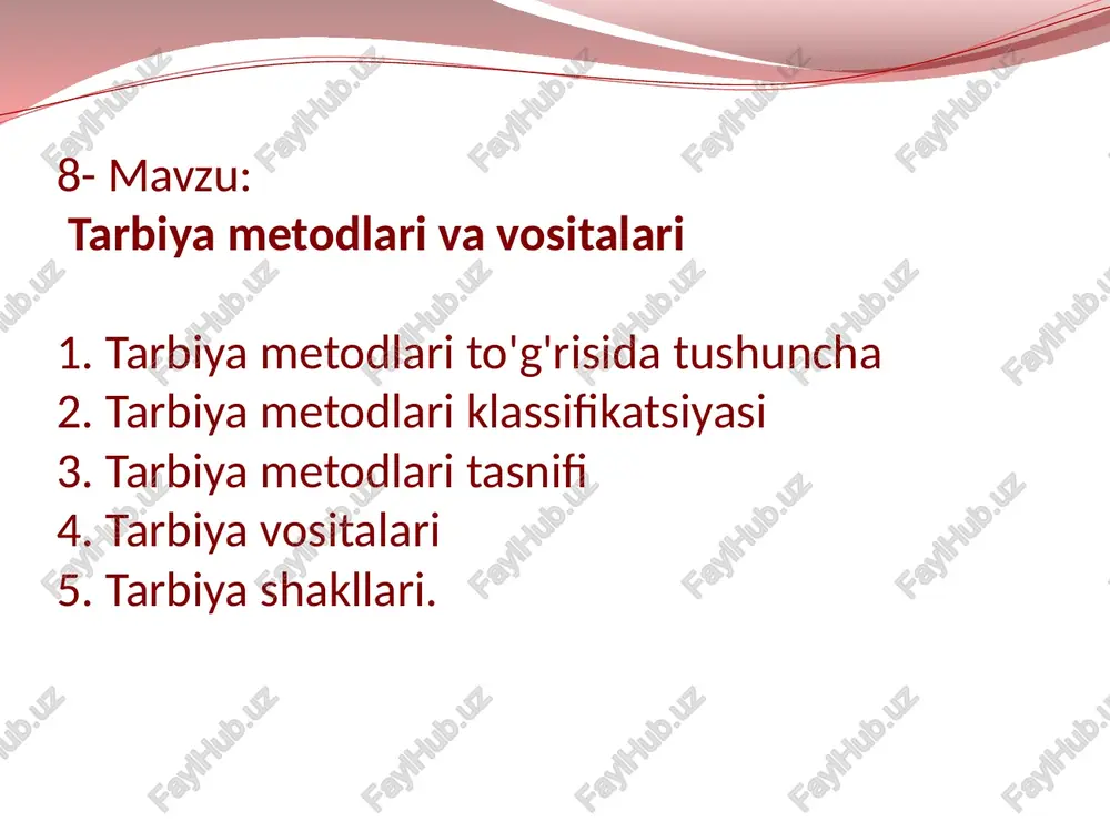 a, tushuntirish — bu og'zaki metodlar, ma’lumotni tahlil qilish va xabar berish bo'lib, tarbiyaviy mazmun va mohiyat kasb etadi. tarbiyachi metodik adabiyotlardan mavzularni, material mazmunini va o'quvchilar bilan tarbiyaviy suhbatiami o'tkazish bo’yicha tavsiyalarni topadi. tarbiyachi o'quvchilar bilan suhbat uchun mamlakat, dunyo, yoshlar hayotining turli tomonlarini ifodalovchi materiallarini ominaviy axborot vositalaridan ham olishlari mumkin. suhbat munozara, muhokama sifatida o'quvchilarni o'zlaridan intellektual va emotsional faollikni talab etuvchi metod liisoblanadi. 1) etik mavzular (ijtimoiy ma'naviy-axloqiy me'yorlar, jamiyatda ustuvor o'rin tutuvchi ijtimoiy munosabatlar, jamoa orasida o'zini tutish qoidalari va boshqalar); 2) estetik mavzular (tabiat go'zalligi, shaxslararo munosabatlar, inson go'zalligi); 3) siyosiy mavzular (davlatning ichki va tashqi siyosati, dunyo voqealari, xalqaro munosabatlar va hokazolar); 4) ta’lim va bilishga oid mavzular (koinot, hayvonot va o'simliklar dunyosi, elektronika va boshqalar). muhokama— tarbiyaning maxsus metodi bo'lib, qarama-qarshi fikrlarning to'qnashuvini ifodalaydi. namuna - shaxsga atrofdagilar (xususan, o'qituvchilar, ota-onalar, yoshi katta kishilar)ning yurish-turish, muomala, tartib-intizom qoidalariga rioya qilish, kundalik faoliyatni …