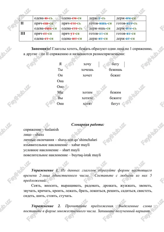 virashivat, radovat, drojat, jujjat, zvenet, zvuchat, krichat, kroit, lejat, brat, lojitsya, reshit, saditsya, svistet, sidet, shit, stoyat, stuchat. uprajnenie 2. prochitayte predlojeniya. videlennie slova postavte v forme mnojestvennogo chisla. zapishite poluchenniy variant. obrazets: daleko za gorami rastyot saxarniy trostnik. – daleko za gorami rastut saxarnie trostniki. 1. pitatelnoe veshestvo v pochve sposobstvuet rostu i razvitiyu kultur. 2. etoy vesnoy chasto duet silniy veter. 3. tutoviy shelkopryad zanyat tolko poedaniem listev s pererivami na son. 4. uchyoniy bolshe vremeni provodit v laboratorii i stavit opiti. 5. pered domom rastet bolshoe derevo. 6. student zakrivaet dver svoey komnati i idet na zanyatiya. 7. prepodavatel gotovit temi kursovix rabot dlya inostrannix studentov. uprajnenie 3. prochitayte vostochnuyu poslovitsu. obratite vnimanie na upotreblenie v ney glagolov. otvette, znakomo li vam sostoyanie, opisivaemoe v etom aforizme? esli serdtse ne na meste, to smotrish, da ne vidish, slushaesh, da ne slishish, esh, da ne chuvstvuesh vkusa. uprajnenie …