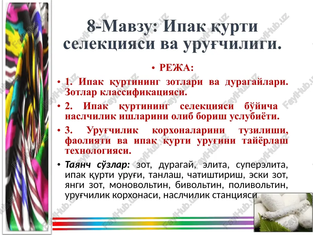 nkubatsiya deb ataladigan sharoitda – haroratni 15-160s qilib, havo namligini pasaytirib (havoning nisbiy namligini 60-70% ga etkazib) qorong'ida inkubatsiya qilinsa, bivoltin, zotning kapalaklari har safar diapauzasiz, o'zi ochib chiqadigan tuxum qo'yadi. polivoltin zotlari- bir yilda 3 dan to 8 gacha avlod beradi. lekin ipak qurtining voltinligini aniqlashda faqat onalik urug'ining qanday haroratda ochirilganligi xal qiluvchi ahamiyatga ega bo'lib qolmasdan, balki rivojlanishning postembrional davridadagi, ayniqsa, g'umbak davridagi parvarish sharoiti ham xal qiluvchi ahamiyatga egadir. selektsiya (selectio – tanlash) deb qishloq xo'jaligi xayvonlarining yangi zotlari va o'simliklarning yangi navlarini chiqarish hamda sistemali ravishda tanlash va juftlab chatishtirish yo'li bilan mavjud zot va navlarni yaxshilash usullariga aytiladi. tut ipak qurti selektsiyasi bilan shug'ullanish naqadar dolzarb vazifadir. busiz ham ipakchilikdagi boshqa fanlar rivojlana olmaydi. shuning uchun selektsioner vazifasi shidat bilan tez rivojlanib borayotgan sanoat talab etgan mayin tolali metrik nomeri 3200-3400 ga teng, pillasining chuvalishi 88-90% atrofidagi tizim zotlarni tezda yaratishdek dolzarb ishlarni qilib …