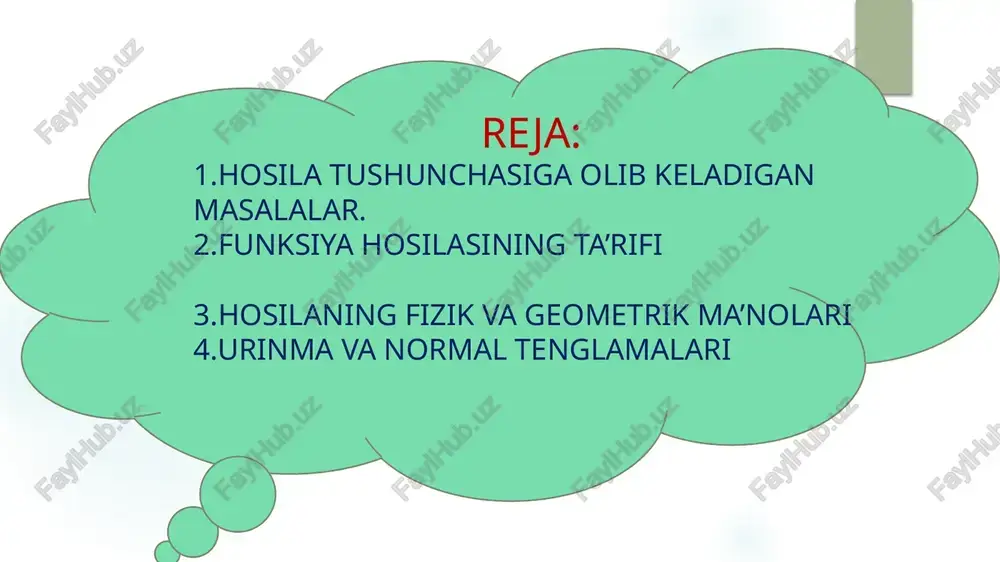 ri chiziq yoyi, m0 shu egri chiziqning nuqtasi bo‘lsin. egri chiziqqa tegishli n nuqtani tanlab, m0n kesuvchi o‘tkazamiz. agar n nuqta egri chiziq bo‘ylab m0 nuqtaga yaqinlashsa, m0n kesuvchi m0 nuqta atrofida buriladi. shunday holat bo‘lishi mumkinki, n nuqta m0 nuqtaga yaqinlashgan sari m0n kesuvchi biror m0t limit vaziyatga intilishi mumkin. bu holda m0t to‘g‘ri chiziq g egri chiziqning m0 nuqtasidagi urinmasi deyiladi. (2-rasm). egri chiziqning urinmasi 3- va 4-rasmdagidek holatda bo‘lishi ham mumkin. agar kesuvchining limit holati mavjud bo‘lmasa, u holda m0 nuqtada urinma o‘tkazish mumkin emas deyiladi. bunday hol m0 nuqta egri chiziqning sinish (o‘tkirlanish) nuqtasi (5-rasm) bo‘lganda o‘rinli bo‘ladi. 1.2. egri chiziq urinmasining burchak koeffitsientini topish masalasi. endi g egri chiziq biror oraliqda aniqlangan uzluksiz y=f(x) funksiyaning grafigi bo‘lgan holda urinmaning burchak koeffitsientini topaylik. qaralayotgan f(x) funksiya grafigini ifodolovchi g chiziqqa tegishli m0 nuqtaning abssissasi x0, ordinatasi f(x0) va shu nuqtada urinma mavjud deb faraz qilaylik. g …