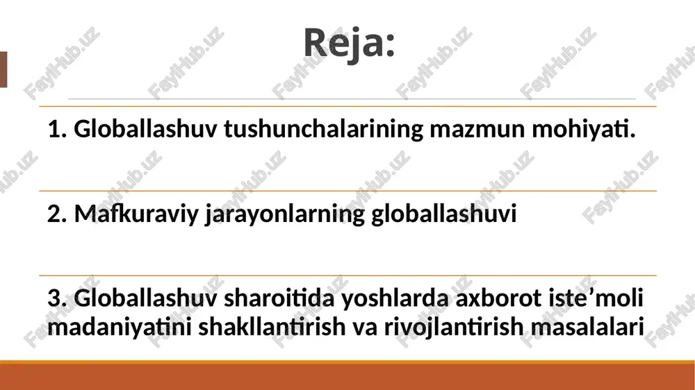 vositalar orqali o’z ta’sir doirasini kengaytirishga intilayotgan siyosiy kuchlar va harakatlar ham yo’q emas. tajovuzkor millatchilik va shovinizm, neofashizm va fundamentalizm, irqchilik va diniy eksteremizm mafkuralari shular jumlasidandir. natijada dunyoda inson qalbi va ongini egallash uchun kurash tobora kuchayib bormoqda. bu hol bugungi kunda dunyoning mafkuraviy manzarasini belgilab bermoqda. 2. mafkuraviy jarayonlarning globallashuvi “globallashuv jarayonining yana bir o`ziga xos jihati shundan iboratki, hozirgi sharoitda u mafkuraviy ta`sir o`tkazishning nihoyatda o`tkir quroliga aylanib, har xil siyosiy kuchlar va markazlarning manfaatlariga xizmat qilayotganini sog’lom fikrlaydigan har qanday odam, albatta kuzatishi muqarrar» i.a. karimov birgina axborot sohasidagi globallashuv jarayonini oladigan bo`lsak, uning ta`siri jahonda yetakchilik qilish insoniyat ongini, ayniqsa, yoshlar ongini zaharlashi kechayotgan shiddatli kurashda namoyon bo`lmoqda. globallashuv jarayonlarini dunyo miqyosidagi yagona davlatni qaror toptirish, yagona jahon madaniyatini shakllantirishdek, faqat ayrim mafkura markazlarining manfaatlariga javob beradigan maqsadlarga xizmat qildirish yo`lidagi intilish kuchaymoqda. dunyoni bo’lib olishga urinayotgan mafkuralarning shakllari: 1. buyuk davlatchilik mafkurasi. 2. …