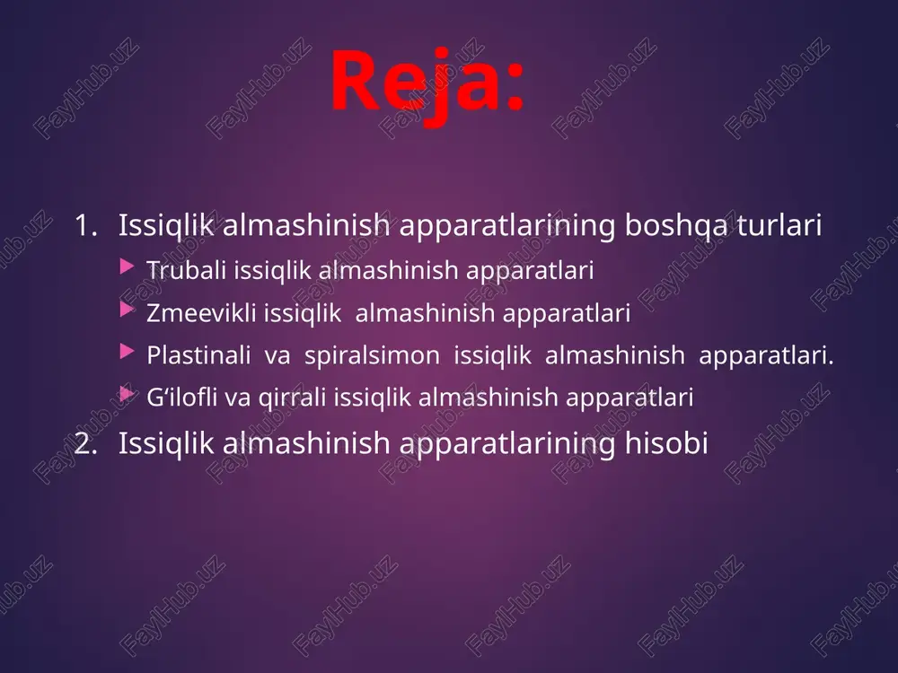 . bunday isitkichlar qobiq (kojux) ichiga joylashgan trubalar to‘plamidan iborat bo‘lib, trubalarning uchlari to‘rlarga maxkamlangan bo‘ladi. apparatning yuqorigi va pastki qismlaridagi qopqoq flanets yordamida truba to‘ri biriktiriladi. yuqorigi va pastki qopqoqlarga isitilayotgan yoki sovitilayotgan agentlarni berish uchun shtutser mo‘ljallangan. trubalar to‘rlarga razvaltsovka, payvandlash, kavsharlash va salg‘niklar yordamida biriktirilishi mumkin. issiqlik tashuvchi agentning birinchisi trubalarning ichidan, ikkinchisi esa trubalar va apparatning ichki devori oraligidagi bo‘shliqdan harakat qiladi. quyidagi rasmda bir yo‘nalishli kojux-trubali issiqlik almashinish apparati kursatilgan. bunda isitiluvchi gaz yoki suyuqlik qopqoq- dagi patrubka orkali bitta trubadan kirib, usha trubadan chikib ketadi. bir yo‘lli kojux-trubali issiqlik almashish apparati. 1- qobiq, 2-truba to‘rlari, 3-trubalar, 4-qopqoq, 6-issiqlik agentlari kiradigan va chiqadigan shtutserlar, 7-bolg‘t, 8-qistirma. ko‘p yo‘lli kojux-trubali isitkichlar i – ii – issiqlik tashuvchi agentlar; 1-qopqoq, 2- ko‘ngdalang to‘siqlar harorat yuqori bo‘lganda qobiq va trubalarni uzayishini hisobga oluvchi kojux-trubali isitkichlar a) linza kompensatorli, b)-harakatchan qalpoqchali, v) u-simon trubali; 1-qobiq, 2-trubalar, 3-linzali kompensator, 4- …