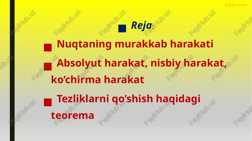 chun vaqtning istalgan momenti uchun quyidagi o’rinli bo’lgan munosabatdan foydalanamiz: oxirgi tenglikni qo’zg’aluvchi koordinatalar sistemasi bilan bog’liq bo’lgan i, j, k ortlar umumiy holda harakat davomida yo’nalishlarini vaqtga bog’liq raviahda o’zgartirishini e’tiborga olgan holda differensiallaymiz: bu yerda birinchi qo’shiluvchi (vo) – o qutbning nuqta sifatidagi tezligi; keyingi uchtasi – nuqtaning nisbiy tezligi (vr). oxirgi uchta qo’shiluvchi uchun i, j, k ortlardan vaqt bo’yicha hosilalarni hisoblaymiz : bu yerda nuqtaning aylanish o’qiga nisbatan chiziqli tezligi uchun quyidagi vektor tenglikdan foydalanilgan har safar r radius-vektor o’rniga mos ravishda i, j, k ortlar qo’yilgan. vektor ko’paytmalarni oxirgi uchta qo’shiluvchiga qo’yamiz: birinchi va oxirgi qo’shiluvchilar – qattiq jism nuqtasining tezligi nuqtaning ko’chirma tezligini (ve) ifodalaydi: shunday qilib,  radius-vektordan vaqt bo’yicha hosila absolyut tezlikni berishini e’tiborga olsak, quyidagiga ega bo’lamiz: absolyut tezlikning moduli: 4 x.m.buranov matematik hisoblar yordamida hosil qilingan tezliklarni qo’shish ifodasini chizmada tasvirlab ko’rsatamiz. faraz qilamiz, nuqta qo’zg’aluvchi koordinatalar sistemasida ω o’q …