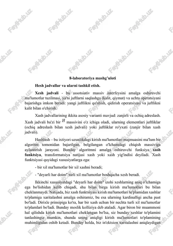 bunday holda, biz in'ektsion xaritalashni aniqlaydigan xash funktsiyasini qurishimiz mumkin (mukammal xeshlash). biroq, umuman olganda, kolliziya muqarrar. kolliziya ehtimoli xash funktsiyasi sifatini baholash uchun ishlatiladi. yaxshi xash funksiyasi quyidagicha ishlaydi: - mavjud bo'lgan barcha hash oralig'i maksimal darajada ishlatiladi; - kirish ma'lumotlarining ozgina o'zgarishi ham mutlaqo boshqacha xeshni berishi kerak, to'qnashuvlar faqat butunlay boshqacha ma'lumotlar uchun ro'y berishi kerak. heshlash o'zi obyektga tasodifiy o'zgaruvchini xaritalashga o'xshaydi. birinchi xususiyat natijasida xeshlar o'zlarini bir tekis taqsimlangan tasodifiy o'zgaruvchilar kabi tutishi kerak, bu butun diapazondan foydalanishni ta'minlaydi, bu foydali bo'lishi mumkin, masalan, xash jadvalini tuzishda. xesh jadvallardan foydalanish samaradorligi konteyner / amal insert (qo’shish) remove (o’chirish) izlash (find) massiv o(n) o(n) o(n) ro’yxat o(1) o(1) o(n) saralangan massiv o(n) o(n) o(logn) ikkilik qidiruv daraxti o(logn) o(logn) o(logn) xesh-jadval o(1) o(1) o(1) saralashni tartiblangan va ratiblangmagan qismlariga binary search lereanr searchlar bor. binary search tartiblangganga kiradi: lereanr search tartiblanmaganga kiradi: barcha ma'lumotlar yaxshi bajarilgan …