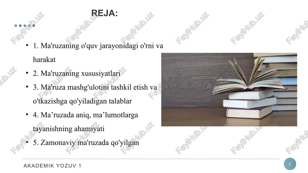 tablaming asosiy g’oyalarini talabalar ongiga yetkazishi va olgan bilimini ishonchga aylantirishi kerak. har qanday ma’ruzaning eng zarur sharti auditoriya bilan muloqotga kirishishdir. ma’ruza o’qish, eng avvalo, unga tayyorlanishdan boshlanadi. buning uchun birinchi navbatda, ma’ruza mavzusi bo'yicha adabiyotlar tanlash hamda ular bilan tanishib chiqish kerak. fan bo’yicha ishlab chiqilgan dasturga ko’ra, ma’ruza rejasi va reja bo’yicha matn tayyorlanishi hamda darsni o’tkazishda qoilaniladigan metodlarni tanlab chiqish, dars jarayonini texnologik tizim sifatida tarkibi, ketma-ketligini aniqlash lozim. akademik yozuv 1 6 ma’ruza mashg‘ulotlari quyidagi uch bosqichda tashkil etiladi; 1.kirish. dars oldingi mavzu bilan boglanadi. keyin yangi mavzu e’lon qilinadi. ma’ruza mavzusi, rejasi va maqsadi bayon qilinadi; mustaqil o’qish uchun zarur asosiy va qo’shimcha adabiyotlar ro’yxati, ma’ruza masalalarini yanada chuqur o‘rganishga doir adabiyotlar ro‘yxati tavsiya qilinadi. kirish qisqa va aniq bo‘lishi lozim. 2.ma’ruza bayoni. bu bosqich ma’ruza rejasiga ko’ra tanlangan dars o’tish metodlarini qo’llagan holda o’tkaziladi. talabalarga mo’ljallangan axborotlar yetkaziladi. bu bosqichda o’qituvchi quyidagi jihatlarga …