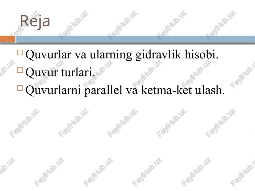 mlari buzilib, tamirlash davomida ham suv ta'minoti to`xtamaydi. sodda trubani hisoblashning asosiy tenglamasi avvalo o`zgarmas diametrli sodda truba olamiz. bunday truba ketma - ket joylashgan bir qansha to`g`ri truba bo`laklaridan tashkil topgan deb qarash mumkin. bularda bosimning pasayishini barsha qarshiliklarning yg`indisi ko`rinishida hisoblaymiz yuqorida keltirilgan formuladan foydalanib quyidagi sodda trubani hisoblashning asosiy tenglamasi oxirgi munosabatda tezlikni sarf orqali ifodalab va o`hshash hadlarni gruppalab, quyidagini olamiz: qavs ichidagi miqdorni a bilan belgilasak, u holda (1) o`lshov birligi s2 /m5 bo`lgan a miqdor trubaning qarshiligi deb ataladi va (2) bo`ladi. α miqdor trubaning uzunligi, diametri, mahalliy qarshiliklar koeffisientlariga bog`liq bo`lib, kvadrat qarshilik sohasida o`zgarmas bo`ladi. trubalarni xisoblash ushun umumlashgan parametrlar (kvadratik qarshilik qonuni ushun) trubaning ishki diametri, d, mm trubaning absolyut g`adir-budurligi δ = δ = 0,5 mmm δ = 1,0 mmm 50 0,000132 7570 0,000100 10000 0,0000776 12900 13200 75 0,00113 886 0,000863 1160 0,000686 1460 2610 100 0,00516 194 0,00397 …