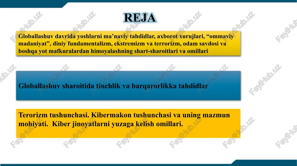 , kundalik hayotda "birovni qo‘rqitish, unga do‘q, po‘pisa qilish hamda biror falokatning, qo‘rqinchli voqeaning sodir bo‘lish xavfi"46, degan ma’nolarni anglatish uchun ishlatiladi. falsafiy ma’noda "tahdid - inson, jamiyat va davlat hayoti hamda faoliyatiga nisbatan muayyan davr mobaynida aniq maqsadga yo‘naltirilgan mahalliy, hududiy, mintaqaviy va umumsayyoraviy salbiy omillarning tajovuzi tufayli aniq makon va zamonda vujudga keladigan havf-xatar shakli, muayyan barqaror siyosiy-ijtimoiy va tarixiy vaziyatni ifodalovchi tushuncha"47, bo‘lsa, jamiyatning rivojlanishiga ta’siri, ya’ni tor ma’noda esa tahdid deb, makon va zamonda mavjud bo‘lgan real jamiyatning ijtimoiy tuzilmalarini zaiflashtirishga, qolaversa, yemirishga qaratilgan shaxsiy, mahalliy, xududiy, mintaqaviy omillarning qo‘rkitish, do‘q, po‘pisa qilishdan iborat bo‘lgan xatti-harakatlariga aytiladi.. terrorizm (lot. terror — qoʻrqinch, dahshat) — siyosiy raqiblarni, muxoliflarni yoʻqotish yoki qoʻrqitish, aholi oʻrtasida vahima va tartibsizliklar keltirib chiqarish maqsadidagi zoʻravonlik harakatlari (taʼqib qilish, buzish, garovga olish, qotillik, portlatish va boshqalar). terroristlar internetdan quyidagi maqsadlarda foydalanadilar: a’zolik va xayriya badallarini yig‘ish hamda ulardan foydalanish; tarmoq va shahobchalar tashkil …
