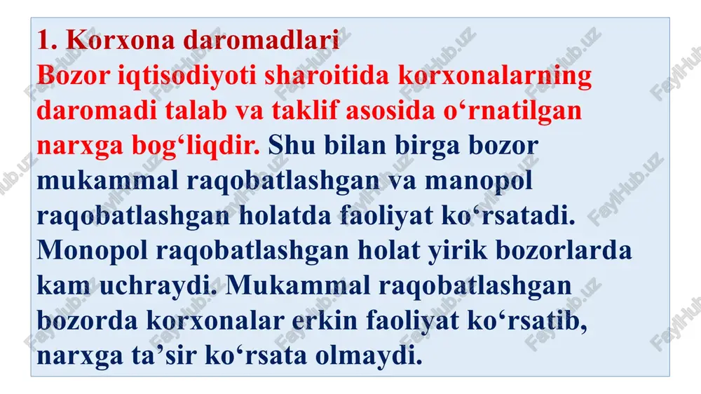 foyda yalpi tushum mahsulot (ishlar, xizmatlar)ni sotishdan olingan, undan qo‘shilgan qiymat, aksiz solig‘i va eksport boji (poshlinasi), chegirilgan tushum sifatida aniqlanadi. unga tovarlarning qaytarilishi, xaridorlar uchun berilgan chegirmalar va boshqalar kiritilmaydi. asosiy ishlab chiqarish faoliyatidan olinadigan boshqa daromadlarga quyidagilar kiradi:  undirilgan yoki qarzdor tomonidan e’tirof etilgan jarimalar, penyalar, vaqtida to‘lanmagan qarzlar va xo‘jalik shartnomalari shartlarini buzg‘anlik uchun boshqa xil jazo jarimalari, shuningdek yetkazilgan zararlarni undirish bo‘yicha daromadlar.  hisobot yilida aniqlangan o‘tgan yillardagi foyda.  ishlab chiqarish va maxsulotlar (ishlar, xizmatlar)ni sotish bilan bevosita bog‘liq bo‘lmagan operatsiyalardan renta daromadi, xo‘jalik yurituvchi subyektlar xuzuridagi oshxonalardan tushumlar, yordamchi xizmatlardan daromadlar sifatidagi boshqa daromadlar.  xo‘jalik yurituvchi subyektning asosiy fondlarini va boshqa mol-mulklarini sotishdan olingan daromadlar.  da’vo bildirish muddati o‘tgan kreditorlik va deponent qarzlarni hisobdan chiqarishdan olingan daromadlar.  tovar-moddiy boyliklarni puxta baholash. tovar-moddiy boyliklarni to‘liq baholash summasi mahsulot (ishlar, xizmatlar) sotilishiga ko‘ra soliq solinadigan daromadga kiritiladi). davlat subsidiyalaridan daromadlar  …