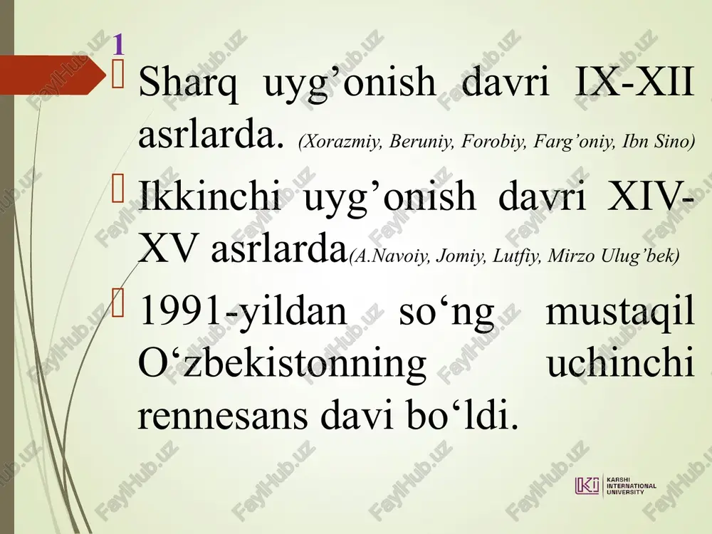 yilligi 2002-yil – shahrisabzning 2700 yilligi 2003 yil – nukus shahrining 70 yilligi nishonlandi va shahar «do‘stlik» ordeni bilan mukofotlandi. 2006-yil – qarshi shahrining 2700 yilligi 2006-yil – xorazm ma’mun akademiyasining 1000 yilligi 2007-yil – samarqandning 2750 yilligi 2007-yil – marg‘ilonning 2000 yilligi 2009-yil –toshkent shahrining 2200 yilligiga bag‘ishlangan tantanali marosimlar o‘tkazildi 3. «turkiston» saroyi 1993-yilning sentabrida ish boshladi. 2001-yil o‘zbek davlat akademik drama teatriga prezident farmoni bilan «milliy teatr» maqomi berildi. 2017-yilga madaniyat vazirligi tashkil etildi. 1996-yil «o‘zbeknavo» gastrol-konsert birlashmasi tashkil etildi. 2001-yil «o‘zbeknavo» estrada birlashmasi tashkil etildi. 1996-yil 27-avgustda har yili avgust oyining uchinchi yakshanbasi, «o‘zbekiston – vatanim manim» qo‘shiq bayrami kuni deb e’lon qilish farmoni qabul qilindi. yurtimizda ruslarning «maslennitsa», tatar-boshqirdlarining «sabanto‘y», uyg‘urlarning «sayil» bayramlari, xitoylarning «chunuze» yangi yili, koreyslarning «soller» va «ovol – tano» bayramlari nishonlanmoqda. 1992-yilda 10 ta milliy-madaniy markazlar ish olib borgan bo‘lsa, hozirga kelib esa, mamlakatda 138 ta milliy-madaniyat markazlari faoliyat yuritmoqda. foydalanilgan …