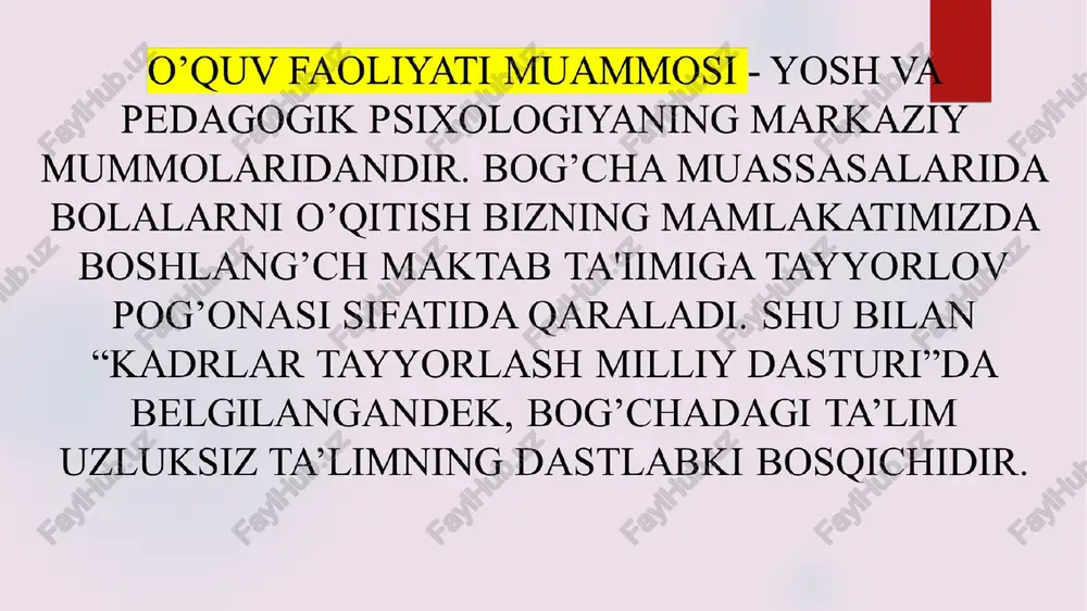 tidir. shunday qilib, xorij va rus psixologlari maktabgacha ta’lim muassasalarida beriladigan ta’limga katta e’tibor beradilar. o’quv faoliyati shakllanishining dastlabki xususiyatiari hayotning dastlabki uch yilida bola onasi yoki boshqa kishilar masalan, tarbiyachi dasturi bo'yicha emas, balki go'yoki o’zining dasturi bo'yicha o'qiydi. bu davrda bolaning u yoki bu bilim va ko'nikmalarining o’zlasht rilish muhlatiga alohida talablar qo’yilmaydi. ilk bolalik davrida tarbiya dasturi hali sub’ektiv tarzda bola uchun mavjud emas. sistematik o'qishga layoqatli botgunga qadar u tayyorlov bosqichini bosib o'tadi bu bosqichda chetdagi boshqa kishiiaming bolaga nisbatan yangi talablari asta sekin uning “o’zining dasturiga” aylanishi lozim. bog'cha yosh davrining oxirlariga boribgina, bola kattalar tomonidan ishlab chiqilgan “dastur bo’yicha” o’qiy boshlaydi va maktab talablariga - asta amal qila boshlaydi. l s. vigotskiyning fikri bo'yicha bog'cha yosh davri ta'lim dasturi: bolani maktab dasturiga yaqinlashtirishi, uning bilim doirasini kengaytirishi, predmetli tatimga tayorlashi; bolani o’zining dasturi botishi, uning qiziqishi va ehtiyojlariga javob berishi lozim. pedagog va psixologlaming …