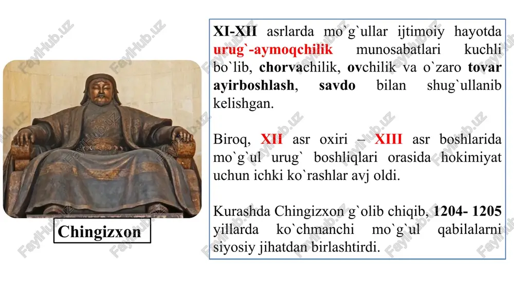 qilib «sulton sanjar» unvonlarini oladi. davlat muhriga esa «zil allohi til ard» (ollohning yerdagi soyasi) deb yozdirishni buyurgan «tinchlik va din homiysi, koinot ayollari malikasi turkon iskandari soniy dunyo malikasi xorazmshohlar turkon xotun qang`ar, qipchoq, turkman muhammad xorazmshoh jaloliddin manguberdi chingizxonni maktubi mahmud yalavoch xorazmshoh 1216 yil- bahovuddin roziyni yubordi shu yili xorazmshoh 2-elchilarni junatdi chingizxon mahmud yalavochni qayta junatdi 1218 yil chingizxon 500 tuya, 450 musulmon savdogarni junatdi. chingizxon 1218 yil mahmud yalavoch, yusuf kenka, aliakbar xojani yubordi o`tror hokimi inalxon karvonni talaydi. unga xorazmshoh buyruq bergan edi. o`tror fojeasidan so`ng chingizxon ibn kafroj bug`roni ikki mulozim bilan xorazmshoh huzuriga jo`natdi. xorazmshoh elchini o`ldiradi va mulozimni soqolini kirib, sharmanda qilgan holda orqaga qaytarib yuborishni buyuradi. 1219-yil kuzda chingizxon xorazmshohlarga qarshi 200 ming qo`shin bilan urush boshlaydi. 1 chig`atoy va o`qtoy- 100 000 askar o`tror shahrini qamal qilish 2 3 aloqnuyon va sukatu cho`rbiy- 5000 askar banikat va xo`jandni egallash …