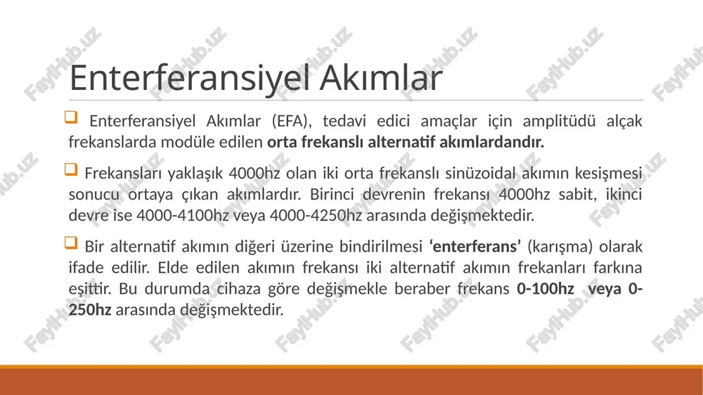 esişmesiyle yonca yaprağı şeklinde atımlı alçak frekanslı akım meydana gelir. düz ve alçak frekansı akıma gösterilen deri direnci fazla iken, yüksek frekanslarda deri direnci azalmaktadır. enterferansiyel akımlar vücut içerisinde deri direncini yenme problemi olmadan alçak frekanslı akım oluştururlar. böylelikle efa, doku deri direncini azaltarak alçak frekanslı akım etkilerinden yararlanmayı sağlar. enterferansiyel akımlar i̇ki orta frekanslı akımın çaprazlaştığı yerde oluşan alana enterferansiyel alan denir. eski cihazlarda amplitüd ve frekans modülasyonları hastanın dokusu üzerinde oluşturulurdu. yeni cihazlarda ise, efa cihazın içinde önceden modüle olur ve sonra amplitüd ve frekans modülasyonlu akım elektrotlar vasıtasıyla hastaya uygulanır. fizyolojik etkileri sinir üzerine etkileri: seçici olarak kalın miyelinli duyu liflerini (a beta lifleri) uyararak analjezik etki sağlar (kapı kontrol teorisi). kan akışı ve ödem üzerine etkileri: kas kontraksiyonu veya otonom liflerin uyarılması ile dolanımı arttırdığı düşünülmektedir. buradan dolaylı olarak ağrıyı azaltma etkisi de açıklanabilir (ağrı yapan mediatörlerin alandan uzaklaştırılması). kas üzerine etkileri: uygun akım parametrelerinde kasları …