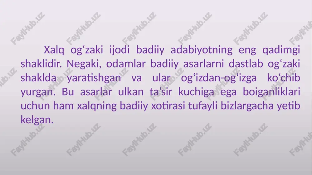 o’g’ri va ohangdor talaffuz qilish ko’nikmalarini orttiradi. bu janrga mansub asarlar bolalarni biyron so’zlashga o’rgatish bilan birga, ularga estetik zavq beradi, fikrlash qobilyatini o’stiradi, xotiralarni mustahkamlaydi. ertaklar xalq og’zaki poetik ijodidagi eng boy va rang barang janrlardan biri ertakdir. xalq tomonidan yaratilgan ko’plab ertaklarda bolalarning o’ziga xos hayoti chetlab o’tilmagan. hatto turli yoshdagi bolalar uchun juda ko’p maxsus ertaklar yaratilgan. xalq ertaklari o’z xususiyatlariga ko’ra bir necha turga bo’linadi: hayotiy ertaklar, hayvonlar haqidagi ertaklar, sehrli - afsonaviy ertaklar, ijtimoiy - maishiy ertaklar. https://www.youtube.com/watch?v=qosmi_blx1q https://www.youtube.com/watch?v=stcy_omfmg0 image1.jpeg image2.png image3.jpeg image4.jpeg image5.jpeg image6.jpeg image7.jpeg image8.jpeg image9.jpeg image10.jpeg image11.jpeg image12.jpeg image13.gif image14.png image15.jpeg image16.jpeg image17.jpeg image18.jpeg image19.jpeg image20.jpeg image21.jpeg image22.jpeg image23.jpeg image24.jpeg image25.jpeg image26.jpeg image27.jpeg image28.jpeg image29.jpeg image30.jpeg image31.jpeg image32.jpeg image33.jpeg image34.jpeg image35.jpeg image36.jpeg image37.jpeg image38.jpeg image39.jpeg image40.jpeg image41.jpeg image42.jpeg image43.jpeg image44.jpeg image45.jpeg image46.png image47.jpeg acothap putwosttap o'rta osiyo xalqlari dunyodagi boshqa xalqlar qatori o zlarining eng qadimgi va boy madniyatiga, adabiy tarixiga ega. …