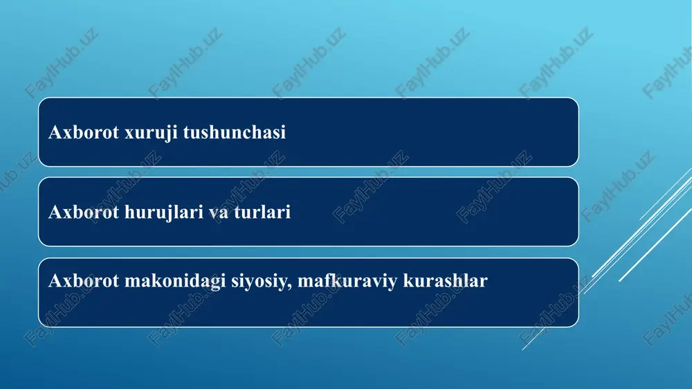 am "axborot, psixologik urush" kabi eshitilishi mumkin o'z ma'lumotlarini himoya qilgan holda dushmanning axboroti, axborot jarayonlari va axborot tizimlariga zarar etkazish orqali axborot ustunligiga erishish uchun maqsadli harakatlar; axborot jarayonlari va axborot tizimlari ma'muriyat, boshqaruv, siyosat, iqtisod va jamoat hayotida axborotning ahamiyati va ahamiyati tobora ortib borayotganligi sababli keng qamrovli, yaxlit strategiya dushmanning axborot va axborot tizimlariga ta'sir ko'rsatish orqali milliy harbiy strategiyani ta'minlashda axborot ustunligiga erishish, o'zimizning axborot va axborot tizimlarini mustahkamlash va himoya qilish bo'yicha amalga oshirilgan harakatlar axborot urushlarining xususiyatlari har qanday auditoriyaga ta’sir qilish (odamlar, harbiylar, ishchilar, ziyolilar va boshqalar) ushbu auditoriyaga ma'lumot yetkazildi. axborot vositalaridan foydalanish strategiyasi faqat tajovuzkor hisoblanadi. axborot urushining maqsadi ta'sirlangan tomonning fikrlash tarzini o’zgartirish va yanada foydali mavqega ega bo’lishdir. o’z axborot makoningizni hujumdan himoya qilish. axborot urushining maqsadi - shaxs yoki mamlakatning tinchligiga taxdid solgan holda, bosim o‘tkazish harbiy ma'lumot funksiyalarimizni dushman harakatlaridan himoya qilish bilan birga, biz undan foydalanishimiz …