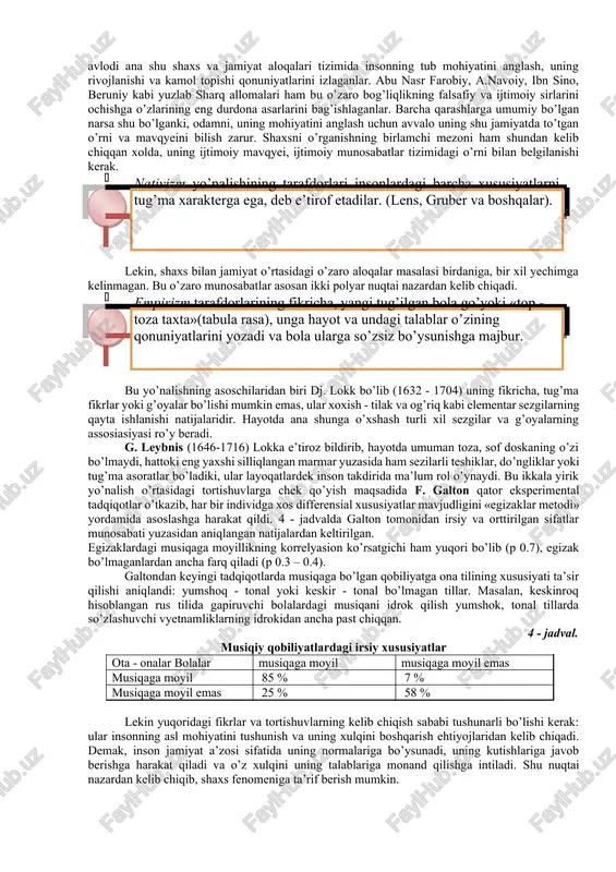 ynan jamiyat bilan bo’lgan aloqasi masalasini chetlab o’tolmagan. shuni alohida ta’kidlash lozimki, «homo sapiens» - «aqlli zot» tushunchasini o’zida ifoda etuvchi jonzotning paydo bo’lganiga taxminan 40 ming yildan oshibdi. bu davrda olimlarning e’tirof etishlaricha, 16 ming avlod almashgan emish. darvin ta’biri bilan aytganda, tabiiy tanlanish jarayonida yer yuzida saqlanib qolgan minglab millat va elatlarning keyingi davrdagi taraqqiyoti ko’proq biologik omillardan ko’ra, ijtimoiy - sosial omillar ta’sirida ro’y bermoqda. shuning uchun ham har bir individni yoki shaxsni o’rganish masalasi uning bevosita ijtimoiy muhiti va uning ijtimoiy normalari doirasida o’rganishni taqozo etadi. sosial yoki ijtimoiy muhit - bu insonning aniq maqsadlar va rejalar asosida faoliyat ko’rsatadigan dunyosidir. mazmunan har bir insonning shu ijtimoiy olam bilan aloqasi uning insoniyat tajribasi, madaniyati va qabul qilingan, tan olingan ijtimoiy xulq normalari doirasidagi harakatlarida namoyon bo’ladi. psixologiya ilmining namoyondalari bo’lmish olimlarning butun bir avlodi ana shu shaxs va jamiyat aloqalari tizimida insonning tub mohiyatini anglash, uning …
