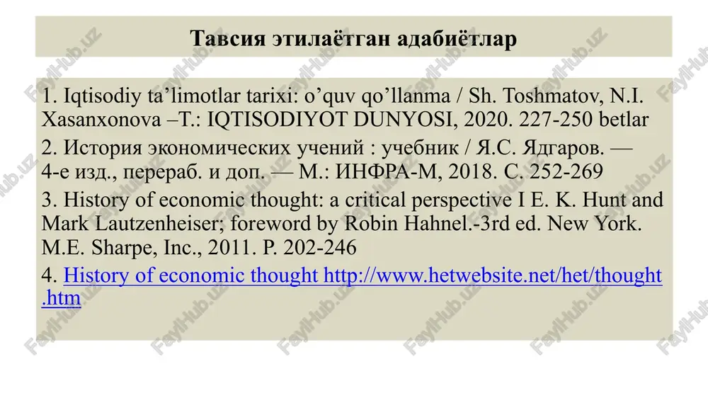 moqlarining paydo bo'lishi demografik o'sish va shaharlarga migratsiyaning kuchayishi mehnat va yashash sharoitlari ishchilar harakati ishchilar sinfining ahvoli to'g'risidagi bahs-munozaralar 5 sanoat inqilobi raqamlarda, % yillar ishlab chiqarish jon boshiga aholi real ish haqi iste'mol 1700-1760 0,69 0,31 0,38 ... ... 1760-1780 0,70 0,01 0,69 - 0,17 0,25 1780-1801 1,32 0,35 0,97 0,56 (1820 yilgacha) 0,47 (1820 yilgacha) 1801-1831 1,97 0,52 1,45 6 bolalar bandligi bo'yicha qo'mita hisoboti (1842 yil) ko'mir konlarida 8-9 yoshli bolalar mehnat qilgan (ba'zan 4-5 yosh) ularning ish kuni 12-16 soatga qadar davom etgan bolalar (hatto 6 yoshli qizaloqlar) 25 kg og'irlikka ega savatlarda ko'mir tashishgan https://www.ilo.org/wcmsp5/groups/public/---europe/---ro-geneva/---sro-moscow/documents/genericdocument/wcms_347021.pdf 7 k.marks ta'limotining asosiy tushunchalari kapital qo'shimcha qiymat ish haqi ishlab chiqarishdan maqsad qo'shimcha qiymat (foyda) yaratadigan qiymat yollanma ishchilar tomonidan yaratiladigan va kapital egalari tomonidan o'zlashtiriladigan qiymat yollanma ishchilar tomonidan pul shaklida kun ko'rish uchun zarur vositalar qiymati qo'shimcha qiymat yaratish kapitalning umumiy formulasi: p-t-p1 – pul foyda …