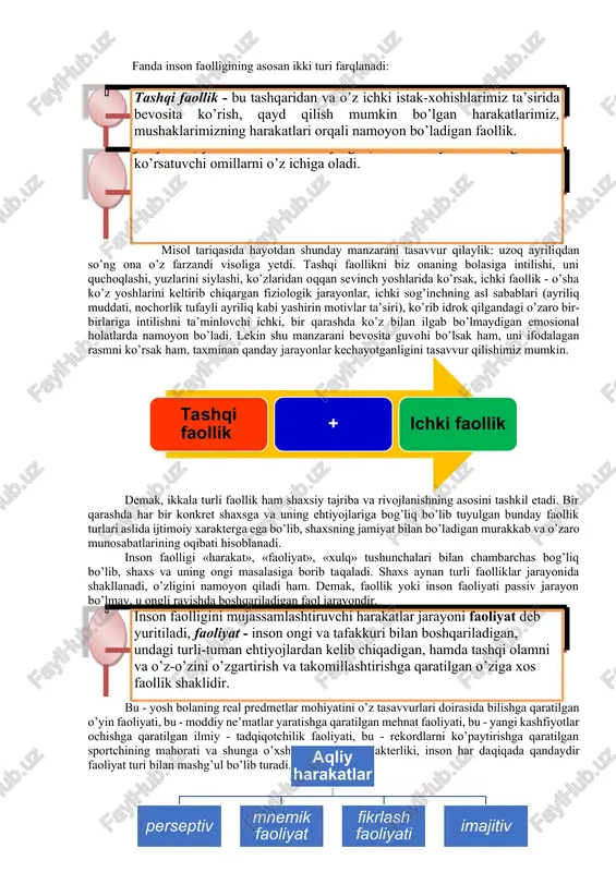 bo’lgan eng muhim va umumiy xususiyat - bu uning faolligidir. faollik (lotincha «actus» - harakat, «activus» - faol so’zlaridan kelib chiqqan tushuncha) shaxsning hayotdagi barcha hatti-harakatlarini namoyon etishini tushuntiruvchi kategoriyadir. bu - o’sha oddiy qo’limizga qalam olib, biror chiziqcha tortish bilan bog’liq elementar harakatimizdan tortib, toki ijodiy uyg’onish paytlarimizda amalga oshiradigan mavxum fikrlashimizgacha bo’lgan murakkab harakatlarga aloqador ishlarimizni tushuntirib beradi. shuning uchun ham psixologiyada shaxs, uning ongi va o’z-o’zini anglashi muammolari uning faolligi, u yoki bu faoliyat turlarida ishtiroki va uni uddalashi aloqador sifatlari orqali bayon etiladi. fanda inson faolligining asosan ikki turi farqlanadi: tashqi faollik - bu tashqaridan va o’z ichki istak-xohishlarimiz ta’sirida bevosita ko’rish, qayd qilish mumkin bo’lgan harakatlarimiz, mushaklarimizning harakatlari orqali namoyon bo’ladigan faollik. ichki faollik - bu bir tomondan u yoki bu faoliyatni bajarish mobaynidagi fiziologik jarayonlar (moddalar almashinuvi, qon aylanish, nafas olish, bosim o’zgarishlari) hamda, ikkinchi tomondan, bevosita psixik jarayonlar, ya’ni aslida ko’rinmaydigan, lekin faoliyat …