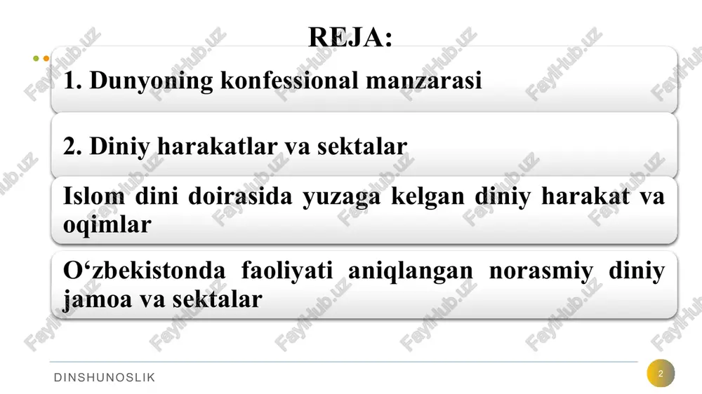 nshunoslik 5 6 dinshunoslik globallashuv dunyoni bir butun va yaxlit qila borishi bilan bir qatorda, uning hosilasi sifatida alohida olingan millat va jamiyatlar darajasida o‘z-o‘zini anglashga bo‘lgan intilishning chuqurlashuviga ham zamin yaratmoqda. inson ma'naviyatining uzviy qismi bo‘lgan dinning mohiyatini tushunish, uning inson va jamiyat hayotidagi o‘rnini anglashga bo‘lgan e'tiborning kuchayishini keltirib chiqarmoqda. dinga bo‘lgan qiziqishning kuchayishi bugungi kunda kishilik jamiyati oldida turgan muammolar, insonning ularni hal qilish yo‘llari haqidagi o‘y-izlanishlari, dunyoviy va diniy qadriyatlar uyg‘unligini ta'minlagan holda bugungi kunning og‘ir va murakkab savollariga to‘laqonli javob topishga intilishi bilan bog‘liq dunyoning konfessional manzarasi 7 dinshunoslik yangi diniy harakatlar (yadh) deganda odatda xx asrning 70-yillarida yevropa va aqshda tarqalgan noan'anaviy diniy guruhlar va oqimlar nazarda tutiladi. tadqiqotchilar bunga an'anaviy dinlardagi inqiroz davri sabab bo‘lganligini ta'kidlaydilar. yadh liderlari jamiyat kayfiyatidagi o‘zgarishlarni, bu “o‘tkinchi dunyo”ning nuqsonlarini fosh qilib, o‘zlarini “xaloskor”, yuksak axloqli “haqiqatgo‘y” sifatida ko‘rsatdilar. yadh to‘riga ko‘proq yoshlar ilinadilar. 8 yadh qat'iy ta'limotga …