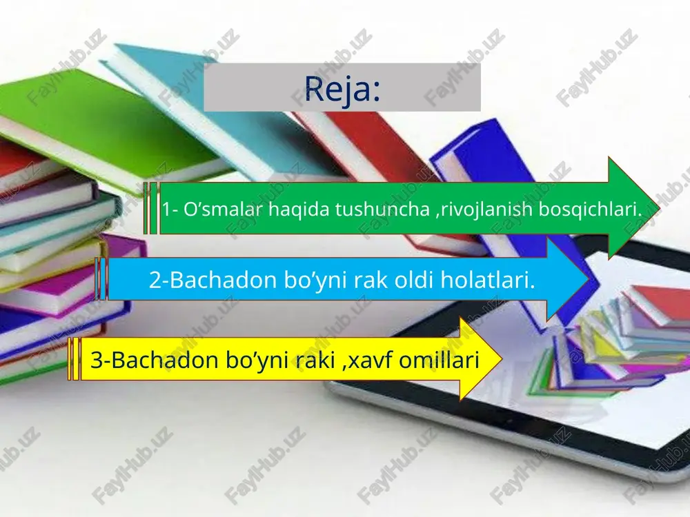 lloma virusi asosida tayyorlangan vaksinalarni yaratish, chunki bachadon bo’yni rakida o’smadan 90-100%da hpv-virusining dnk-si aniqlanadi. sog’lom ayollarda ham 5-20% uchraydi. e’tiboringiz uchun ___ 1.bosgich —. 2.bosqich — o'smaning to‘'gimalarning betartib diffuz o‘chog‘da o’sib proliferativ o'sishi — giperplaziyasi rivojlanishi 3.bosqich — chegaralangan 4.bosqich — malignizatsiya — tugun — o‘smaning paydo atrofdagi to‘qimalarning bo'lishi infiltratsiyasi va yemirilishi bachadon bo‘yni polipi — bachadon bo‘yni sohasidan o'sib chigib, kam uchraydi va ko‘pincha endometriy xastaligidan rivojlanadi. arterial gipertenziya qandli diabet 4 jinsiy partnyorlarni tez-tez almashtirish. boshga jinsiy tizim a’zolaridagi rak [jtimoiy holatini pastligi ‘\ 4 jinsiy hayotni juda erta boshlanishi partnyorlar ko’pligi ‘\ 4 18 yoshgacha bo‘lgan tug’ruq ‘\ 4 tamaki chekish ‘\ 4 oganizmda odam papilloma virusini mavjudligi , ayniqsa 16,18,31,33 va 45 tipdagi