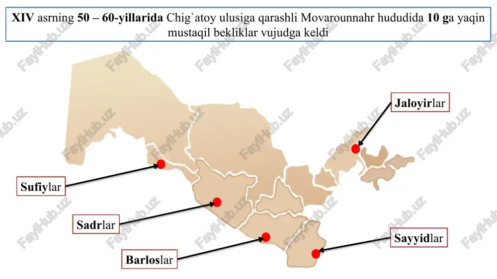 do`stlari, shuningdek, piri sayyid baraka ishtirokida qurultoy o`tkaziladi. qurultoyda amir temurning hukmdorligi rasman tan olinib, u movarounnahrning amiri deb e'lon qilinadi. markazlashgan davlatning tashkil topishi 1370-71-yil sharqiy turkistonga hujum mo`g`ul xoni kepakka zarba berish (farg`ona, o`tror, sayram) 1371-yil bahori zinda chashmga zarba berdi va afg`onistonning shibirg`on viloyati bo`isundirildi 5 marotaba yurish 1371, 1373, 1375, 1379, 1388 yillar xorazmga yurish- yusuf so`fi faoliyati hisor, badaxshon, qunduz bo`ysundirildi balx va toshkent viloyatlari ham egallandi 3-yillik. 1386 – 1388- janubiy ozarbayjon, shimoliy iroq, gurjiston 5- yillik. 1392 – 1396- g`arbiy eron, iroq, kavkaz 7-yillik. 1399 – 1404- halab, hums, damashq, bag`dod va turkiya to`xtamish bilan bo`lgan jang 1389 yil-dizak 1391 yil-qunduzcha 1395 yil-terek panipat janggi urushi 1398 yil maydan – 1399 yil martigacha davom etgan. dehli hokimi sulton mahmud panipat janggida mag`lub bo`ldi. temur qariyb 11 oy davom hindiston zabt etdi. u yerda ko`p qullar va boyliklarni, shu jumladan 120 ta jangovar filni …