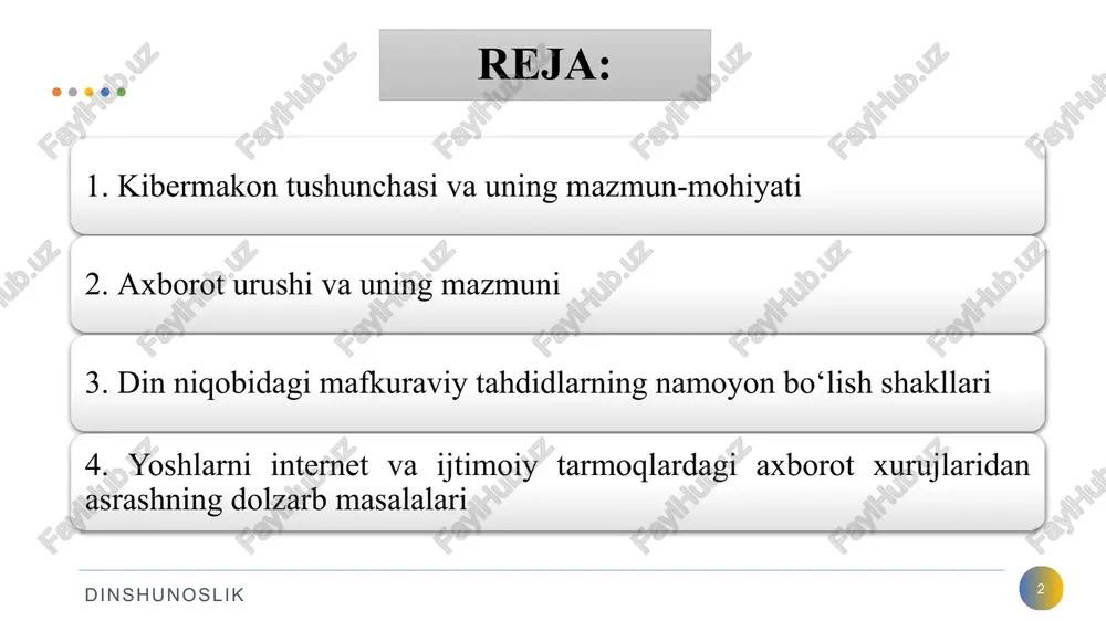 hning yana bir ko‘rinishi bo‘lgan missionerlik, ma'lum diniy ta'limning o‘sishi va ta'siri doirasining kengligi bois alohida ko‘rib o‘tish zarur. bugungi kunda din va e'tiqod erkinligi huquqi eng bahsli masaladir. muammoli jihati shundaki, yangi murojaat qilganlarni dinga targ‘ib qilinishi agressiv ruhda amalga oshirilayotgani bilan belgilanadi. 7 dinshunoslik 8 dinshunoslik muqaddas matnlarning marketingi internet orqali katta biznesga aylandi diniy va ma'naviy ehtiyojga mos keladigan barcha narsani sotib olish mumkin. diniy tanishuv saytlarida esa qalban mos insonni topish oddiy bosqichlarda amalga oshiriladi. 9 dinshunoslik axborot urushi va uning mazmuni insonlararo o‘zaro munosabatlardagi har qanday ziddiyat – bu axborotlar ziddiyatidir. axborot har qanday qaror qabul qilish uchun eng muhim unsur bo‘lib, u nafaqat, to‘qnashuv paytida optimal xatti-harakatlarni amalga oshirish, balki, maqsadga yo‘nalgan faoliyatni boshqarish imkonini beradi. qadim davrlardan buyon axborotni o‘zaro urush va nizolar jarayonida hujum uyushtirish yoki himoyalanish resursi sifatida talqin etishga urinishlar bo‘lib keladi. biroq hozirga kelib ilmiy doirada «axborot urushi» kategoriya …