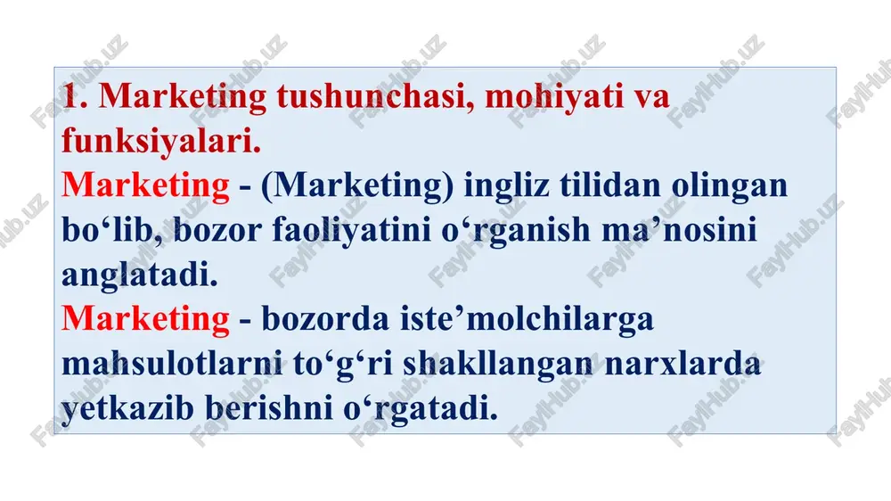 y qilishni tezlashtiruvchi o‘zgaruvchanlik, moslashuvchanlik kabi ishlab chiqarishni rag‘batlantiruvchi harakatlardan mahrumdir. ishlab chiqarish va umuman xo‘jalik yuritishga marketing nuqtayi nazaridan yondashish xaridorga ta’sir qilishning keng jabhalarini o‘z ichiga oladi. bu bozor uchun bo‘lgan raqobat kurashining o‘ziga xos xususiyatlarini aniqlashga olib keladi. bozor doirasida sabab-natija aloqalarini tahlil qilishning maxsus usullarini qo‘llab, xaridorlar talabi, ehtiyoji, didi va ta’bi to‘g‘risida axborotlar to‘plab, korxona va tashkilotlar, marketing konsepsiyasi u yoki bu tovarga va xizmatga xarid qiziqishini shakllantirish uchun iqtisodiy, tashkiliy, texnik va ijtimoiy (sotsial) yo‘nalishlarni tashkil qiladi. xarid masalasiga marketingli yondashishdagi har tomonlama tahlilning o‘ziga xosligi, bozordagi yuz beradigan jarayonlarni hisobga olishgina emas, balki ishlab chiqarish korxonalari, tovarlarni yetkazib beruvchi vositachilar, ulgurji va chakana savdo korxonalari hamda ular bilan bog‘liq boshqa barcha tashkilotlarning bozor bo‘g‘inlari tizimidagi tezkor va uzoq vaqtga mo‘ljallangan aniq maqsadlarini o‘zgarishini tahlil qilishdir. marketing xo‘jalikning ma’lum bir tarmog‘iga, masalan, ishlab chiqarishga yoki savdoga taalluqli deb o‘ylash noto‘g‘ri bo‘lar edi. marketing bozorga …
