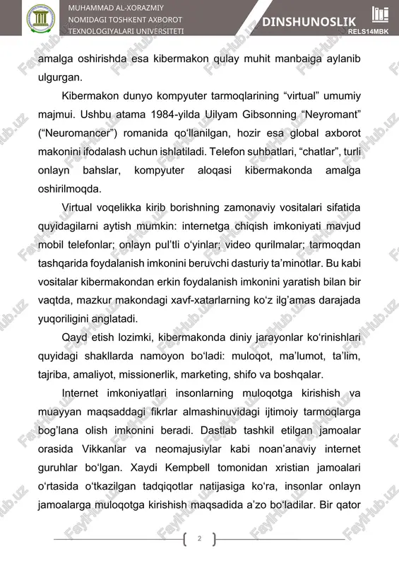 da, mazkur makondagi xavf-xatarlarning ko‘z ilg’amas darajada yuqoriligini anglatadi. qayd etish lozimki, kibermakonda diniy jarayonlar ko‘rinishlari quyidagi shakllarda namoyon bo‘ladi: muloqot, ma’lumot, ta’lim, tajriba, amaliyot, missionerlik, marketing, shifo va boshqalar. internet imkoniyatlari insonlarning muloqotga kirishish va muayyan maqsaddagi fikrlar almashinuvidagi ijtimoiy tarmoqlarga bog’lana olish imkonini beradi. dastlab tashkil etilgan jamoalar orasida vikkanlar va neomajusiylar kabi noan’anaviy internet guruhlar bo‘lgan. xaydi kempbell tomonidan xristian jamoalari o‘rtasida o‘tkazilgan tadqiqotlar natijasiga ko‘ra, insonlar onlayn jamoalarga muloqotga kirishish maqsadida a’zo bo‘ladilar. bir qator olimlar virtual muloqotning xarakteriga bog’liq muhim masalalarni ko‘targanlar. uni shunchaki “ijtimoiy hayotning illyuziyasi” yoki “offlayn” dunyoda jamoalarning yaxshilanishiga olib keluvchi vosita sifatida e’tirof etganlar. yetakchi diniy tashkilotlar ham hozirgi kunda a’zolar va a’zo bo‘lmaganlar orasida kompyuterlashtirilgan ma’lumot olishga ehtiyojning ortganini ta’kidlamoqda. diniy ma’lumotlarni tarqatishda elektron diniy ma’lumot tarqatuvchi “bloggerlar” yoki “bloglar” kompyuterlashtirilgan muloqotning muhim jihati hisoblanadi. jadal suratlarda “podkastlar”, veb-saytdan mp3 pleer, “i-pod”larga yuklanayotgan audiodasturlar, xususan, ma’ruzalar ommalashmoqda. avvallari tanqis, keng …