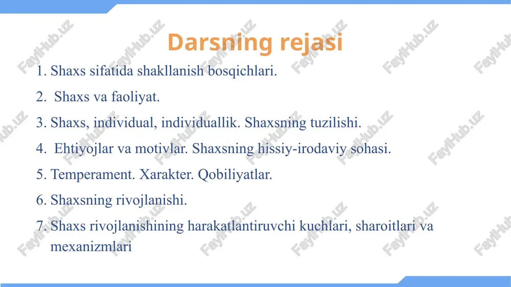 akatlarni o`z ichiga oladi kognitiv rivojlanish – bolalarning aql-idrokida, tushunchalarida, xotirasida va tilida sodir bo`ladigan yoshga bog`liq o`zgarishlarni anglatadi. bu oilalar, maktablar va o`quvchilar jamoasida bolalarning tajribalari bilan rivojlangan o`zgarishlardir ijtimoiy-emotsional rivojlanish – his-tuyg`ular, o`z-o`zini anglash, motivatsiya, ijtimoiy munosabatlar va axloqiy fikrlash, xulq-atvorda yuzaga keladigan ko`plab o`zgarishlarni o`z ichiga oladi va bu ko`p jihatdan bolalarning boshqa odamlar bilan o`zaro munosabatlariga bog`liq rivojlanishda asosiy masalalar rivojlanish psixologiyasi tarixidan mazkur psixologiya fanining sohasi alohida predmet sifatida xx asrning boshlarida vujudga kelgan, lekin dastlabki ildizi qadimgi yunon madaniyatiga borib taqaladi. uning predmeti va qonuniyatlari to‘g‘risida jahon psixologiyasi olamida turli qarashlar, nazariyalar mavjud. ularning juda keng tarqalganlari biogenetik (i. shtern), sotsiogenetik (k.levin), bixevioristik (e.torndayk), psixoanalitik (3.freyd) nazariyalardir. bola rivojlanishi taraqqiyoti bosqichlarida uchta asosiy muammo ajratiladi tabiat va tarbiya bolaning rivojlanishidagi genetik omillar va atrof-muhit ta’sirining birlashuvi universallik va xilma-xillik taraqqiyot yo`lidagi umumiylik va xilma-xillik sifat va miqdor o`zgarishi rivojlanish ko'pincha xatti-harakatlar va fikrlash jarayonlariga …