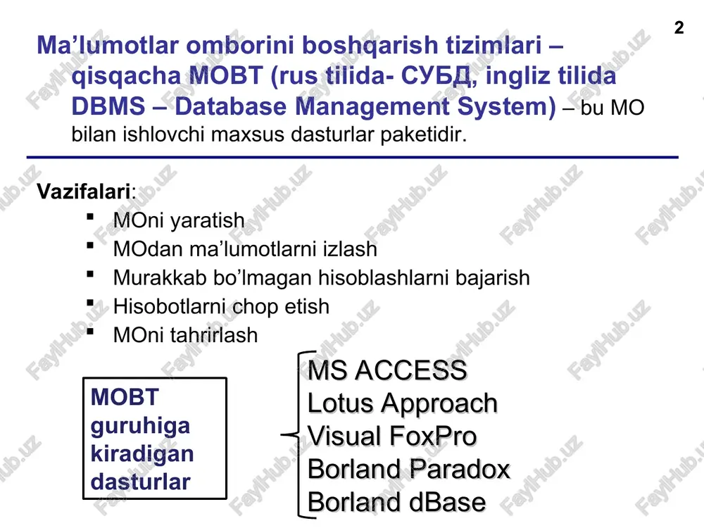 so’rov * * * * parametrli so’rovni * * * * parametrli so’rovlar like yordamida parametrli so’rov tashkil etilganda ochiladigan oynada ishlatilishi mumkin bo’lgan maxsus belgilar (shablonlar). * ? # [ ] - ! ixtiyoriy sondagi ixtiyoriy belgi bitta ixtiyoriy belgi bitta ixtiyoriy raqam [ ] orasida keltirilgan ma’lumotlar diapazondagi ma’lumotlar ! dan keyin keltirilgan ma’lumotlardan boshqalari s* *a ?? #5 [k,m]* [c-l]* [!c,s]* sichqoncha, skaner sichqoncha, klaviatura lg, hp 15, 25 kolonkalar, klaviatura, monitor canon, hp, lg hp, lg belgi izoh shablon natija * * * * hisoblanadigan maydonli so’rovlar * * * * hisoblanadigan maydonli so’rovlar tanlangan ustundagi maydonga - tsena*kolichestvo ifodasini kiriting virajenie1: [tsena]*[kolichestvo] hosil bo’ladi virajenie1 ni summa ga almashtiring hisoblanadigan maydonga formula kiritishning boshqa usuli so’rovni ishga tushiring natija natijani ekranda ko’rish uchun “vivod na ekran” ni tanlash esingizdan chiqmasin! ! * * * * hisoblanadigan maydonli so’rovlar uskunalar panelidan belgini yoki kontekst menyudan “postroit…” …