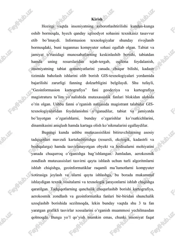 rini o’rganish muammosi yechilmasdan qolmoqda. bunga yo’l qo’yish mumkin emas, chunki insoniyat faqat grafikli obrazlar tasvirlaridan atrof-muhitni o’rganishi, ma’lumotlar olishi, ijod qilishi va tafakkur vositasi sifatida foydalanishi mumkin. geoinformatika yangi yo’nalish sifatida kompyuter texnikasi va gis-texnologiyalari asosida kundan-kunga rivojlanib bormoqda, buning natijasida yangicha qarashlar, guruhlashlar, izohlashlar, o’lchash metodlari va boshqalarning kelib chiqishi tabiiy holdir. geoinformatikaning jadal taraqqiy etishi, fikrimizcha, aerokosmik zondlash, telekommunikasion tarmoqlar, yer haqidagi fanlar hamda ularga yaqin bo’lgan sosial-iqtisodiy fanlarning yanada rivojlanishiga turtki bo’ladi. 1 - ma’ruza mavzu: geoinformatika va fazoviy tahlil fanining maqsadi, vazifasi va boshqafanlar bilan aloqasi reja: 1, geoinformatika ning tadqiqot obekti, predmeti va prinsiplari 2, geoinformatika tushunchasi, mazmuni va tasnifi 1.hozirgi paytda inson faoliyatining, ya’ni maktab ta’limidan boshlab to yuqori davlat siyosatigacha bo’lgan sohalarda axborotlashtirish kirmagan jamiyat hayotini tasavvur etish qiyin. informatika barcha fanlarning orqasida nafas olib, ularga yetib oldi va xatto ularni o’z domiga yutib, cheksiz kompyuterlashni takomillashtirishga intilmoqda. yer haqidagi fanlarga informasion …