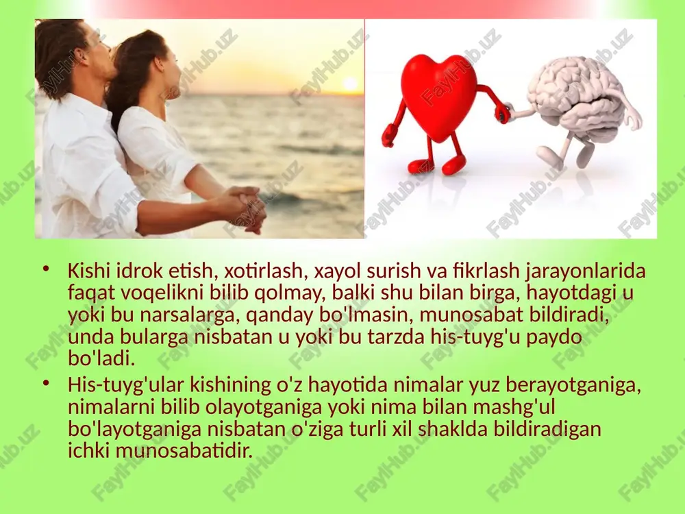 anda biz go‘zallikni idrok qilish, go‘zallikdan zavqlanish va go‘zallik yaratishga intilishni tushunamiz. praksik hislar. inson amaliy hayotining istalgan sohasida mehnat faoliyati bilan bog’liq hislarimiz agar kishi hayajonlangan, kuchaytirilgan bo`lsa (masalan imtihon oldida turgan talaba) yoki alohida ko`tarinkilikni (ijodiy ish davrida) his qilsa, uning tuyg`ulari stenik bo`ladi. ular kishining kuch va g`ayratini oshiradi. aksincha kishining holati noaniq bo`lsa, his-tuyg`ulari ham sust o`tib boradi. aksincha, his-tuyg`ularning passivligi shunda ifodalanadiki, ular astenik (bushashtiruvchi) tuyg`ularga aylanib, ishchanlikni, g`ayratni pasaytiradi. astenik tuyg`ular qayg`u xasrat, umidsizlik, loqaydlik va hokazolardir. emosiyalar - fiziologik aks ettirish chegarasida turuvchi va odamga o`z ehtiyojlari bilan bog`liq qo`zg`atuvchilar ta`sir qilganda o`z-o`zini boshqarishni amalga oshiruvchi psixik aks ettirishning sodda shaklidir. emosiyalar real dunyoni predmet hamda hodisalarni emas, balki ob`yektiv munosabatlarini aks ettiradi, unda mazkur predmet hamda hodisalar inson ehtiyoji uchun organizm xizmatida bo`ladilar. 7 emosiyalar ko`pincha kishining xulq-atvoriga alohida bir hissiy ohang bag’ishlaydi, ma`lum darajada davom etadigan ancha mustahkam kechinmalarni vujudga keltiradi. …