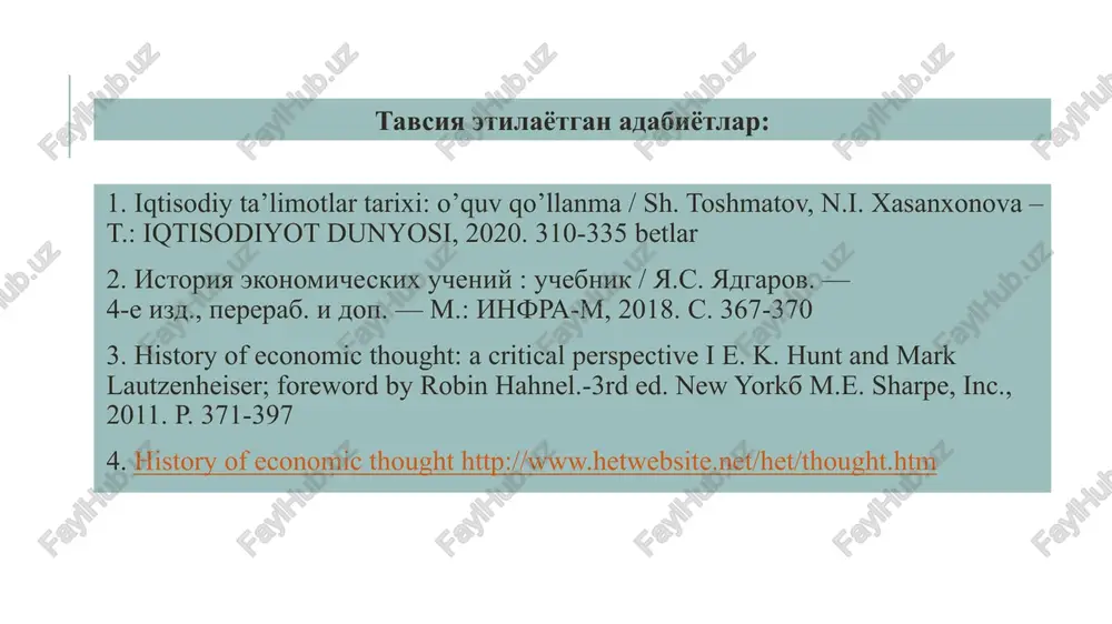 ususiyatlar bozor munosabatlari tizimi xo'jalik yuritishning samarali shakli ekanligi iqtisodiyotni erkinlashtirish zarurligi bahoning erkin shakllanishi iqtisodiyotda xususiy mulk va nodavlat xo'jalik tuzilmalarining etakchilik roli neoliberalizmning asosiy belgilari: - davlatning raqobat muhitini shakllantirish va unga amal qilishni nazorat qilish maqsadida iqtisodiyotga aralashuvi; - iqtisodiyotning samaradorligini ta'minlashda iqtisodiy sub'ektlarning erkin faoliyatini qo'llab-quvvatlash; - iqtisodiyotda monopoliyaga qarshi kurashish; - keynschilik va davlatning xo'jalik hayotiga faol aralashuv tamoyilini inkor etish. chikago (milton fridmen,1912-2006); neoavstriya (london) - (fridrix fon xayek, 1899-1992, lyudvig fon mizes, 1881-1973); frayburg (valter oyken, 1891-1950; lyudvig erxard, 1897-1977). m.fridmen f. xayek v.oyken l. erxard l.mizes “neoliberallar” nomi bilan ataluvchi maktablar neoliberalizm: neoavstriya (london) maktabi fridrix fon xaek neoliberalizm nazariyasining asoschisi hisoblanadi. inson erkinligining ustunligini f.xaek bosh tamoyil sifatida ko'rsatadi. f.xaek 1944 yilda e'lon qilgan «qullikka yo'l» asarida iqtisodiyotga davlat aralashuvining har qanday shakli totalitar rejim shakllaridan biri ekanligini asoslashga harakat qilgan. u insonlarning iqtisodiy manfaatlari, hohish-istaklari va sub'ektiv baholashlarini «iqtisodiy tartib» …