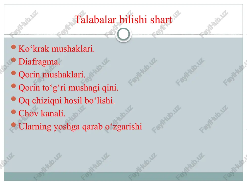 ng pastki teshigini o'ragan suyaklardan boshlanadi. uning boshlanish sohasiga qarab uch: bel, qovurg'a va to'sh qismlari tafovut qiladi. mushak tolalari tashqaridan o'rtaga qarab radiar yo'nalib, pay markazni (centrum tendineum) hosil qiladi. diafragmaning bel qismi (pars lumbalis) bel umurtqalarining oldingi yuzasidan o'ng va chap oyoqchalar (crus dextrum et crus sinistrum) bilan boshlanadi. yuqori tomonda oyoqchalar o'zaro birikib, aorta teshigini (hiatus aorticus) hosil qiladi. u orqali aorta va ko'krak limfa yo'li o'tadi. aorta teshigining cheti fibroz halqa bilan o'ralgan bo'lib, diafragma qisqarganida aortani siqilishdan saqlaydi. bu teshikdan yuqoriroq va chapda diafragma oyoqchalarining mushak tolalari yana kengayib, qizilo'ngach va adashgan nerv o'tadigan qizilo'ngach teshigini (hiatus esophageus) hosil qiladi. o'ng va chap diafragma oyoqchalarining mushak tolalari o'rtasidan simpatik poya, katta va kichik ichki a’zolar nervi, o'ng tomondan toq va chap tomondan yarim toq venalar o'tadi. image3.jpeg image4.jpeg image5.jpeg image6.jpeg image7.jpeg image8.jpeg image9.jpeg image10.jpeg oonbwaa manaa epyouhaan ' epyduaa mbiwua . mbiwua mepeohaa — noakmouu4haa …