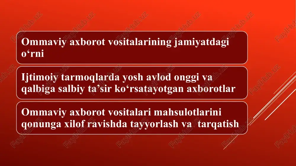 arkib bilan nashr etilgan dolzarb, ammo tezda eskirgan ma'lumotlarni taqdim etadigan davriy nashr. almanaxlar - adabiy va ilmiy-ommabop asarlarni nashr etishga ixtisoslashgan to'plamlar. bosma nashrlarga- ommaga kam ma'lum bo'lgan boshqa toifadagi nashrlar kiradi. boshqa media toifalari quyidagicha tavsiflanadi: televizion dasturlar - bu ma'lum bir chastota spektridagi signal shaklida kompaniya tomonidan eshitiladigan audiovizual xabarlar va dasturlarning jamoalari. doimiy sarlavha va davriy translyatsiya talab qilinadi. radio dasturlari, xuddi televizion dasturlar singari ma'lum bir elektromagnit maydon shaklida efirga uzatiladigan audio xabarlarning komplekslari. o'zgarishsiz sarlavha va chiqish chastotasi ham talab qilinadi. maxsus ommaviy axborot vositalari - bu qonunlar bilan belgilangan ma'lumotlarni ro'yxatdan o'tkazish va tarqatishning o'ziga xos qoidalari mavjud bo'lgan nashrlar. ommaviy axborot vositalarining turlari va funksiyalari. o‘zbekistonda 2021—2022-yillarda ommaviy axborot vositalari (oav) va telegram-kanallari behayolik, zo‘ravonlik va diniy adovat qo‘zg‘atuvchi 18 mingdan ortiq axborot tarqatgani aniqlangan. bu haqda senatning 26- yalpi majlisida axborot va ommaviy kommunikatsiyalar agentligi direktori asadjon xo‘jayev ma’lum qildi, deya …