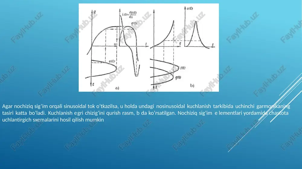 di: i= 441) dt r u(t) b) byw [i tap ; iy) ht) [\ _ ! te oxo t 0 x 2 3 | , ‘ b) 4 u(@t) | 7 aot + to’g’rilagich sxemasiga manbadan berilayotgan aktiv quvvat: ratrk, 15 p=(r+r, )i= an masala. qarshiliklari r=25om bo’lgan. chiziqli rezistor, ry = 500 om bo’lgan yuklama va ideal diod o’zaro ketma-ket ulangan hamda e = 950sin314t eyuk_ manbaidan ta’minlanmoqda. yuklamadagi kuchlanish o’zgarmas tashkil etuvchisini va aktiv quvvatni toping. echish. manba eyukning musbat yarim davrida yuklamadagi kuchlanish oniy qiymati: 500 _950sin314¢=632sina (0 a) b) i tn = i=0,707 ip, = toy =0,637 li a ifoda bilan, to’g’rilagichga berilayotgan aktiv quvvat esa quyidagi ifoda bilan aniqlanadi: p=(ro+ryy wp? =(ro+ ryu 3 to’g’rilagich sxemasining samarasi: yu br, 1 n= 100% = 100% = r 812%. p (ro +ry ) 1452 u ryu ro >0 rr. da 7—>812%. 7 koyeffitsiyentni yanada oshirish uchun ‘yu …