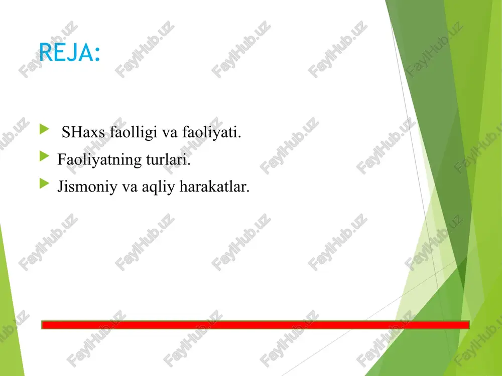 uddati, nochorlik tufayli ayriliq kabi yashirin motivlar ta’siri), ko’rib idrok qilgandagi o’zaro bir-birlariga intilishni ta’minlovchi ichki, bir qarashda ko’z bilan ilgab bo’lmaydigan emotsional holatlarda namoyon bo’ladi. inson faolligi «harakat», «faoliyat», «xulq» tushunchalari bilan chambarchas bog’liq bo’lib, shaxs va uning ongi masalasiga borib taqaladi. shaxs aynan turli faolliklar jarayonida shakllanadi, o’zligini namoyon qiladi ham. demak, faollik yoki inson faoliyati passiv jarayon bo’lmay, u ongli ravishda boshqariladigan faol jarayondir. inson faolligini mujassamlashtiruvchi harakatlar jarayoni faoliyat deb yuritiladi. ya’ni, faoliyat - inson ongi va tafakkuri bilan boshqariladigan, undagi turli-tuman ehtiyojlardan kelib chiqadigan, hamda tashqi olamni va o’z-o’zini o’zgartirish va takomillashtirishga qaratilgan o’ziga xos faollik shaklidir. bu - yosh bolaning real predmetlar mohiyatini o’z tasavvurlari doirasida bilishga qaratilgan o’yin faoliyati, bu - moddiy ne’matlar yaratishga qaratilgan mehnat faoliyati, bu - yangi kashfiyotlar ochishga qaratilgan ilmiy - tadqiqotchilik faoliyati, bu - rekordlarni ko’paytirishga qaratilgan sportchining mahorati va shunga o’xshash. shunisi xarakterliki, inson har daqiqada qandaydir …