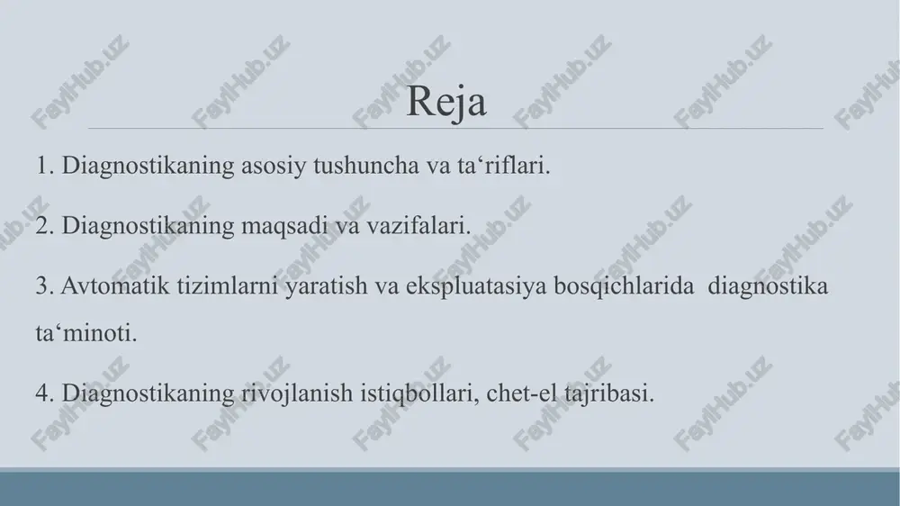1 4 ryad 3 joriy ta'mirlash sarf xarajatlari ehtiyot qismlar sarf xarajatlari yonilg'i sarf xarajatlari 12 12 3 diagnostika jarayonlari quyidagi operatsiyalardan tashkil topgan: a) ob’ektning hozirgi momentdagi texnik holatini aniqlash (diagnoz qo‘yish); b) ob‘yektning kelgusidagi texnik holatini aniqlash (oldindan aytib berish); v) ob‘yektning oldingi texnik holatini aniqlash. ob’ektning hozirgi momentdagi texnik holatini aniqlash (diagnoz qo‘yish); ob‘yektning kelgusidagi texnik holatini aniqlash (oldindan aytib berish) ob‘yektning oldingi texnik holatini aniqlash. diagnostika jarayonlari quyidagi operatsiyalardan tashkil topgan: nuqson - ob‘yektning berilgan, talab etilgan yoki undan kutilgan xususiyatlarda mos kelmasligini bildiradi. nuqsonni topish - ob‘yektda nuqson bor yoki yo‘qligini aniqlash. nuqsonni qidirish - ob‘yektdagi nuqson bor joyini berilgan aniqlik bilan ko‘rsatishdan iborat. nazorat - ob‘yektning texnik holatini aniqlash maqsadida axborot yig‘ish va unga ishlov berish jarayonini o‘z ichiga oladi. texnik diagnostika texnik diagnostika texnik moslama va uskunalardagi buzilishlar va buzilishlarning namoyon bo‘lishini aniqlaydigan, ularni topish usullari va diagnostika tizimlarini loyihalash prinsiplarini ishlab chiqadigan …