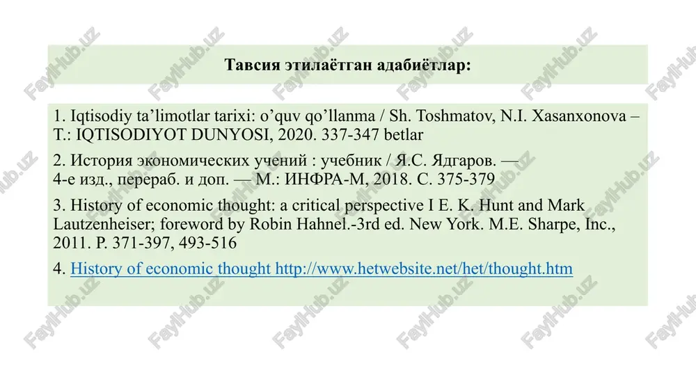 ortiq nusxada chop etilgan. “ekonomiks” asarining birinchi qismi iqtisodiy tarixni sof va tizimli tahlil qilishga bag'ishlangan p.samuelson fikricha, iqtisodiyotning vujudga kelishi qadimgi davrlarga borib taqaladi. zamonlar osha iqtisodiy evolyutsiya yuzaga kelgan, u sekin asta murakkablashib hozirgi zamon ko'rinishiga kelgan. boshqa iqtisodchilarga qaraganda samuelson o'z iqtisodiy nazariyasini mantiqiy mazmunga egaligini tan oladi. samuelson biron-bir nazariyani boshqasiga nisbatan afzal ko'rmaydi, balki amaliy echimlarda barchasini birgalikda ko'rib chiqish tarafdori bo'lgan. “ekonomiks”ning ikkinchi qismi zamonaviy jahon iqtisodiyotini tahlil etishga bag'ishlangan bo'lib, iqtisodiyotni tartibga solishdagi to'sqinlik qiluvchi muammolari sifatida qo'yidagilarni keltiradi: p.samuelson ushbu muammolar echimi bo'yicha barcha iqtisodiy g'oyalarni - monetarizmdan keynschilikka qadar ko'rib o'tish lozim, deb hisoblaydi. inflyatsiya (uning o'sish darajasini pasaytirish lozim) ishsizlik (uning ham o'sish darajasini pasaytirish lozim) iqtisodiy taraqqiyotning muvozanatli va barqaror rivojlanishiga erishish neoklassik sintez nazariyasiga xos xususiyatlar 1. tadqiqot mavzularining keng qamrovliligi 1 a.marshall mikroiqtisodiyot kategoriyalari: narx, xarajatlar, tadbirkorlik faoliyati neoklassik sintez mikro va makro iqtisodiyot o'rtasidagi uzilishni to'g'rilash, …