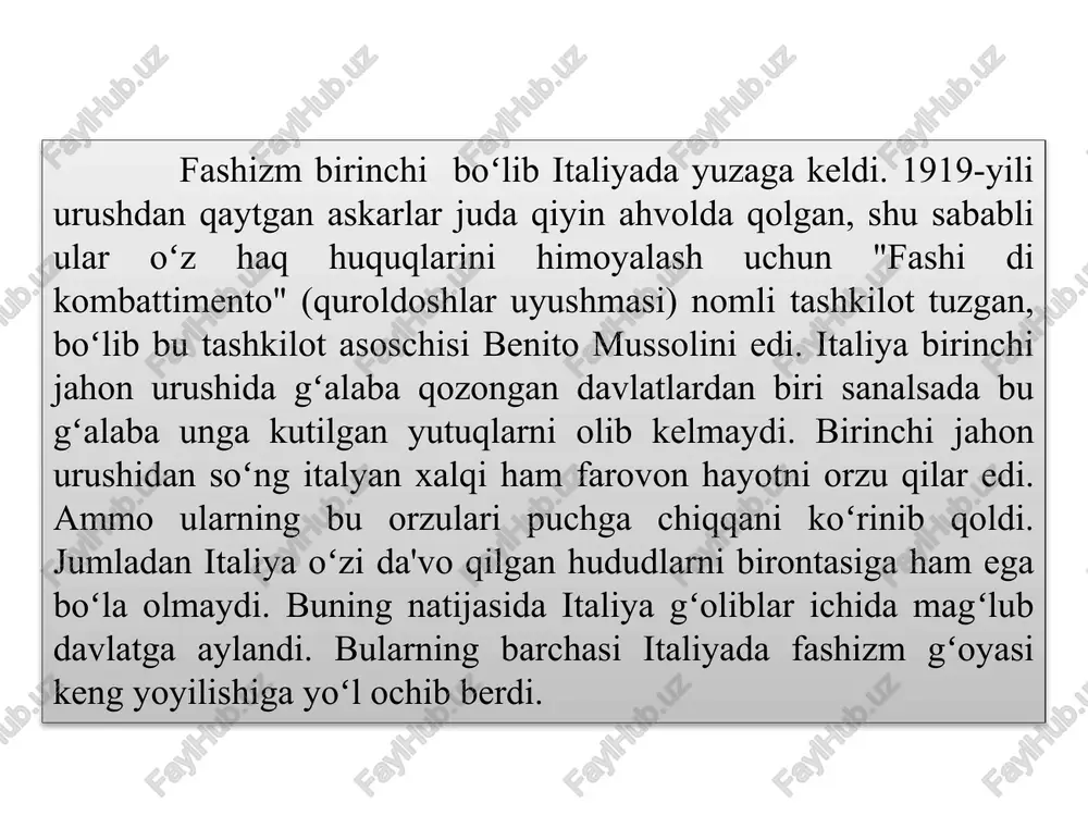 (78 o'ringa ega edi) hamda nemis milliy partiyasi (73 o'ringa ega edi) vakillaridan iborat koalitsion hukumat tuzilgan va katta koalitsiya nomi bilan faoliyat yurita boshlagandi. biroq koalitsiya 1930-yil martda tarqalib ketdi. g.myuller hukumati iste’fo berishga majbur bo'ldi. prezidentgindenburg katolik markazi partiyasi arbobi g.bruningni kansler etib tayinladi. biroq gsdp oppozitsiyaga o'tgach,g.bryuning hukumati faol harakat qilolmay qoldi. natijada mamlakat prezidentning favqulodda dekretlari kuchi bilan boshqarila boshlandi. bu hoi reyxstagni obro'sizlantirdi. 1932-yili u faqat 5 ta qonun qabul.qildi, xolos.garchand so'l kuchlar (gkp va gsdp) siyosiy hayotda o'z ta’sirini saqlab qolgan bo'lsa-da, o'zini nemis milliy-sotsialistik ishchi partiyasidegan nom bilan atagan fashistlar partiyasining ta’siri tobora kuchaya boshladi. chunki inqiroz ko'z o'ngida boshqaruvning respublika tartibini obro'sizlantirib qo'ydi. endi aholining aksariyat qismi boshqaruvning respublika tartibiga barcha kulfatlarning manbayi deb qaray boshladi. ayni paytda, ular ongida kuchli tartib o'rnatishga qodir totalitar rejim tomon xayrxohlik kuchaya bordi. ularning ko'z o'ngida a.gitler bosh-chiligidagi fashistik partiya shunday tartib o'rnatishga qodir edi. …
