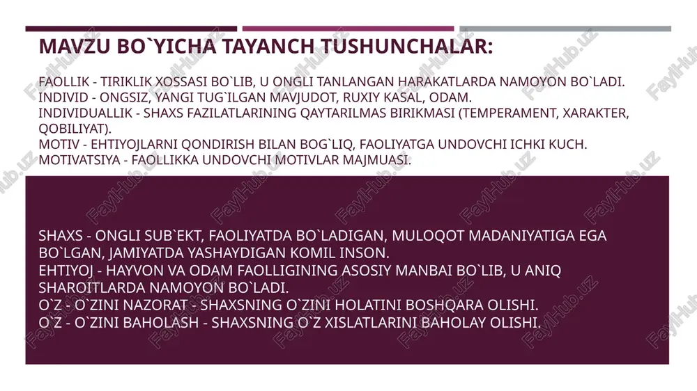n tadqiqot manbaiga aylanishi mumkin har bir kishi jamiyat a’zosi bo’lib, tarixdan tashkil topgan muayyan ijtimoiy munosabat sharoitida yashaydi va ishlaydi. shaxsni psixologik jihatdan o`rganish o`z tarkibiga ikki asosiy ilmiy masalani hal qilishni oladi: 1. har bir shaxsni boshqa odamlardan ajratib turadigan individual tuzilishini aniqlash. bu xulq - atvorni oldindan ko`ra olish imkonini beradi. 2. inson shaxs tuzilishining bir necha qismlarini ajratib ko`rsatishni talab etadi. bu qismlarning yig`indisi inson shaxsini hosil qiladi. inson shaxsining faolligi uning qiziqishlarida ham namoyon bo`ladi. qiziqish- shaxsning oliy nerv faoliyatidagi narsa va hodisalarni bilishi, anglash istagi bilan bog`liq bo`lgan munosabatidir. qiziqishlar moddiy, ma`naviy, salbiy, ijobiy, davomli, qisqa muddatli bo`ladi. qiziqishlar asosida shaxsning dunyoqarashi va ishonch - e`tiqodlari tarkib topadi. biz yoshlarda mehnatga ehtiyojni tarbiyalashimiz kerak. inson shaxsi xulq - atvorining o`z motivlari bo`ladi. motiv - ma`lum ehtiyojlarini qondirish bilan bog`liq bo`lgan qandaydir faoliyatga moyillikdir. agar ehtiyojlar inson shaxsi faolligining moxiyatini tashqil etsa, motivlar bu moxiyatning …
