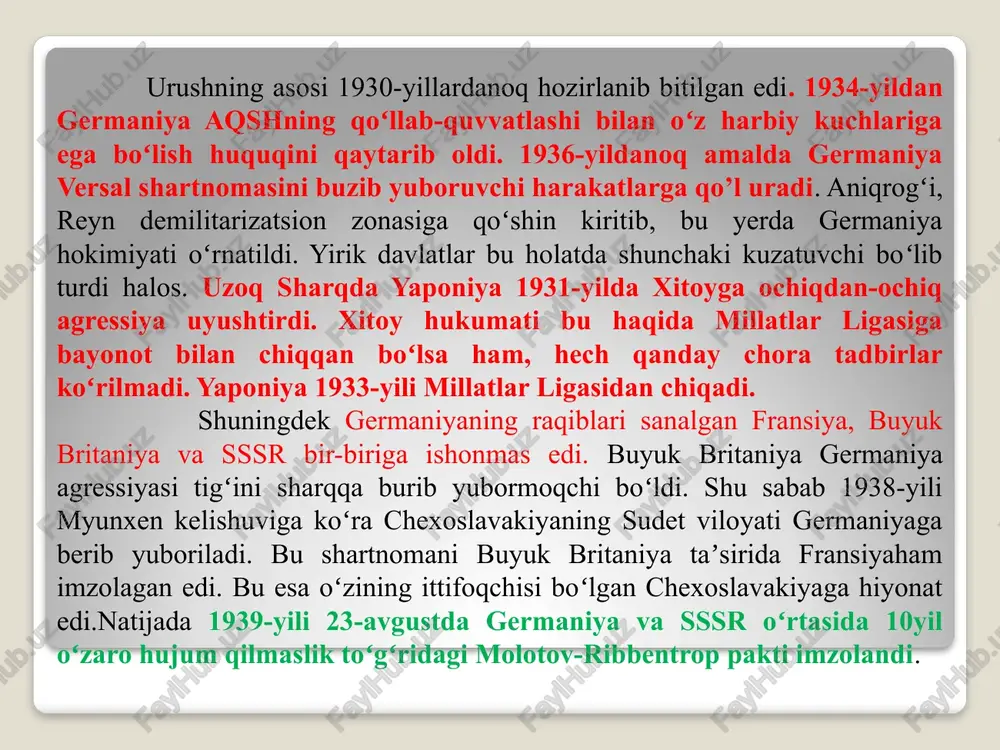 shartnoma imzolandi. unga ko'ra, mustaqil polsha davlati tugatildi va bo'lib olindi. ayni paytda, g'arbiy ukraina va g'arbiy belorussiya sovet davlatiga berildi. polshaning germaniya bilan chegaradosh yerlari germaniyaga o'tdi. u yerda nemisgeneral-gubernatorligi tuzildi. 1939-yil 28-sentyabrda imzolangansovet-german shartnomasiga ko'ra, sovet hukumati boltiqbo'yi respublikalaridan sovetlar armiyasini bu respublikalarda joylashtirish va o'zaro yordam to'g'risida shartnoma imzolashni talab etdi. boltiqbo'yi respublikalarining bu talabga bo'ysunmaslikka ilojlari yo'q edi. 30-noyabrda sovet armiyasi finlyandiyaga hujum qildi. bu qilmishi uchun millatlarligasidan chiqarildi (1934-yili qabul qilingandi). buyuk britaniya va fransiya germaniyaga urush e’lon qilgan bo'lsa-da, faol harbiy harakatlar boshlamadilar. germaniya armiyasining asosiy kuchlari polsha bilan band bo'lib qolgan paytda bunday imkoniyat bor edi. buyuk britaniya va fransiyaning bu pozitsiyasi 1940-yil bahorigacha davom etdi. ularning faolsizligi tarixga «g'alati urush» nomi bilan kirdi. buyuk britaniya va fransiya qudratli harbiy-dengiz flotlari kuchi bilan germaniyani blokada iskanjasiga olishni rejalashtirgandi. ayni paytda, ular fransiya - germaniya chegarasida fransiya bunyod etgan kuchli mudofaa inshootlari germaniyaning g'arbga …