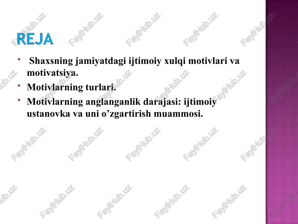 at xulq motiviga aylanishini psixologik mexanizmlarini tahlil qiladi. a) ichki sabablar, ya’ni hatti-harakat egasining sub’ektiv psixologik xususiyatlari nazarda tutiladi (motivlar, ehtiyojlar, maqsadlar, mo’ljallar, istaklar, qiziqishlar va xokazolar); b) tashqi sabablar - faoliyatning tashqi shart-sharoitlari va holatlari. ya’ni, bular ayni konkret holatlarni kelib chiqishiga sabab bo’ladigan tashqi stimullardir. shaxs xulq-atvorini ichkaridan, ichki psixologik sabablar tufayli boshqarish odatda shaxsiy dispozitsiyalar ham deb ataladi. ular shaxs tomonidan anglanishi yoki anglanmasligi ham mumkin. ya’ni, ba’zan shunday bo’ladiki, shaxs o’zi amalga oshirgan ishi yoki o’zidagi o’zgarishlarga nisbatan shakllangan munosabatning haqiqiy sababini o’zi tushunib yetmaydi, «nega?» degan savolga «o’zim ham bilmay qoldim, bilmayman», deb javob beradi. bu anglanmagan dispozitsiyalar yoki ustanovkalar deb ataladi. agar shaxs biror kasbga ongli tarzda qiziqib, uning barcha sir-asrorlarini egallash uchun astoydil harakat qilsa, bunda vaziyat boshqacharoq bo’ladi, ya’ni, dispozitsiya anglangan, ongli hisoblanadi. biologik ehtiyojlar- bu - fiziologik (tashnalik, ochlik, uyku), jinsiy, moslashuv ehtiyojlari. ijtimoiy ehtiyojlar - bu - mehnat qilish, bilish, …
