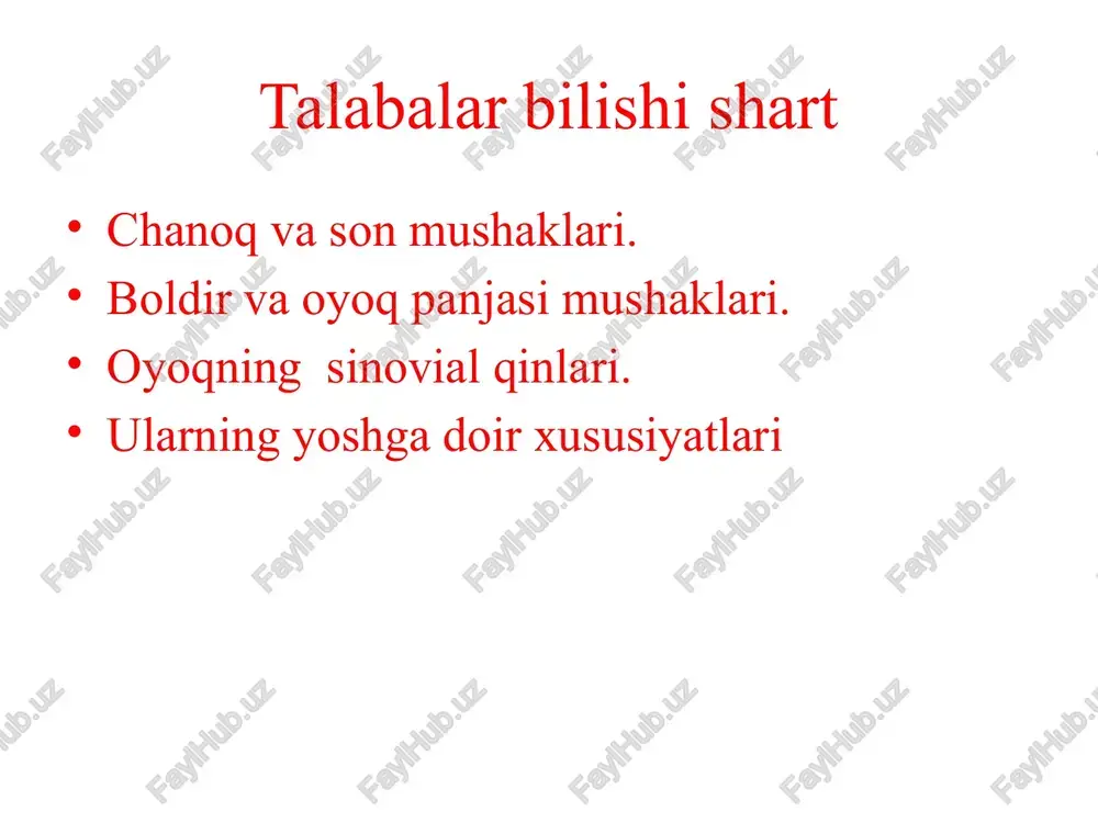oliyati: yonbosh fassiyasini taranglaydi. innervatsiyasi: plexus lumbalis (rr.muscularis). chanoqning tashqi yuzasidagi mushaklari yuza va chuqur qavat bo'lib joylashadi. yuza mushaklarga dumba sohasi va chanoqning lateral yuzasida joylashgan katta, o'rta va kichik dumba mushaklari kiradi. oyoq mushaklari oyoq mushaklari chanoq son bo’g’imi sohasi, son, boldir va oyoq panjasi mushaklariga bo’linadilar. chanoq mushaklariga chanoq suyaklaridan boshlanib son suyagiga birikuvchi mushaklar kiradi. ular chanoq - son bo’g’imiga ta’sir etib uning uch o’q atrofidagi harakatini ta’minlaydi va birikish sohasiga qarab uch: ichki, tashqi va medial guruhlarga bo’linadi. ichki bukuvchi guruhga kichik ko’stga birikuvchi yonbosh-bel mushagi (m. iliopsoas) va kichik bel mushagi kiradi. yonbosh-bel mushagi chanoq-son bo’g’imini bukadi. orqa yozuvchi, burovchi va uzoqlashtiruvchi mushaklar guruhi katta ko’st yoki uning atrofiga birkib ularga katta, o’rta va kichik dumba mushaklari (m gluteus maximus, medius et minimus), noksimon, tashqi va ichki yopqich, egizak va sonning kvadrat mushaklari kiradi. image1.jpeg image2.jpeg image3.jpeg image4.jpeg image5.jpeg image6.jpeg image7.jpeg image8.jpeg image9.jpeg processus …