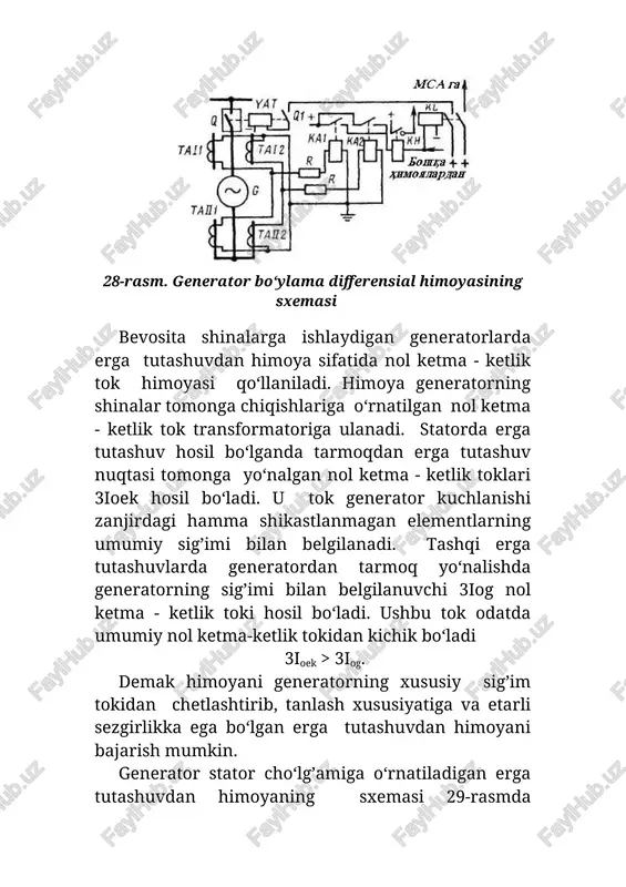 huvdan himoyaning sxemasi 29-rasmda ko‘rsatilgan. himoya qo‘shimcha magnitlashga ega bo‘lgan tazt nol ketma- ketlik tok transformatoriga ulangan. qo‘shimcha magnitlash ishchi zonani magnit o‘zak magnitlanish xarakteristikasining boshlang’ich chiziqli bo‘lmagan qismidan chiziqli qismiga ko‘tarish uchun xizmat qiladi. 29-rasm. generatorning erga tutashuvdan himoyasi tashqi ko‘p fazali qisqa tutashuv vaqtida himoyada katta nobalans toklari hosil bo‘ladi. bu toklardan chetlashtirish himoyaning sezgirligini yo‘l qo‘yib bo‘lmas darajada kamaytirmasligi uchun kl1 rele yordamida blakirovka qilinadi. lekin bu holda himoya ikki nuqtada erga tutashuv bo‘lganda ishlamasligi mumkin. shuning uchun qo‘shimcha biri generatordan tashqarida bo‘lgan ikki nuqtada erga tutashuvda ham ishlaydigan himoya ishlatiladi. odatda bunday himoya generatorning erga tutashuvdan himoyasi bilan birlashtiriladi. natijada har xil sezgirlikka ega bo‘lgan ikkita tok relesi (ka1 va ka2) bitta nol ketma-ketlik tok transformatoriga ulangan himoya hosil bo‘ladi, yaoni himoya sezgir va sezgir bo‘lmagan komplektlardan iborat bo‘ladi. erga tutashuvdan himoya sezgir komplektining (ka1, kt va kn2 relelar) ishga tushish toki quyidagicha aniqlanadi ihi1=(k1ih,s+k2inb)/kq , …