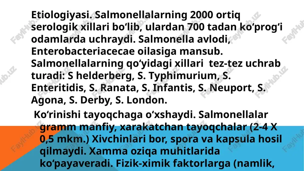‘yadi. salmonellalar bilan ifloslangan go‘sht va sut mahsulotlarini, baliq, tuxum va boshka maxsulotlarni iste’mol qilish oqibatida kasallik odamlarga yuqadi. salmonellyoz yil davomida uchrab turadi, lekin yoz oylarida ko‘payadi. bunga oziq – ovqat mahsulotlarining saqlanish sharoitining yomonlashishi sabab bo‘ladi. go‘dak yoshdagi bolalarda shifoxona ichi salmonellyozi uchraydi. patogenezi ko‘ydagi davrlardan iborat. chaqiruvchining organizmga kiradi. salmonellalar ovqat orqali me’da-ichak yo‘liga tushadi. me’dadagi xlorid kislota ta’sirida salmonellalarning ko‘pchiligi xalok bo‘ladi. oziqa moddalari ichida o‘ralib qolganlari bu noqulay sharoitni engib o‘tib, ingichka ichakka tushadi, so‘ngra ichak shilliq pardasidagi retikuloendotelial to‘qimaga kiradi va shu erda ko‘paya boshlaydi. 2. salmonellalar limfa tomirlari bo‘ylab mezenterial tugunlar-charvi limfa tugunlariga o‘tadi va shu joyda ba’zan xammasi xalok bo‘lib ketadi, unda limfotsitlar va makrofaglar katta rol o‘ynaydi. ba’zi xollarda charvi limfa tugunlaridagi fagotsitlarda salmonellalar uzoq vaqt xalok bo‘lmay tirik saqlanishi mumkin. ana shu salmonellalar qaytadan limfa tomirlari orqali ichakka tushadi. bunda kasallik simptomlari bo‘lmaydi va odam bakteriya tashuvchi bo‘lib qoladi ko‘pincha …