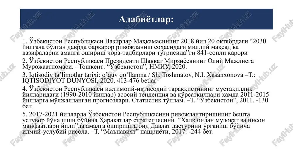 lat nazorati ostida amalga oshirilishi tushuniladi. jahon tajribasida bozor iqtisodiyotiga o'tishning asosiy turlari 1 rivojlangan mamlakatlar yo'li; 2 rivojlanayotgan mamlakatlar yo'li; 3 sobiq sotsialistik mamlakatlar yo'li; 4 sotsializm g'oyalarini samarali bozor iqtisodiyotini vujudga keltirish mexanizmi bilan qo'shib olib borish yo'li. aholisi, mln. kishi 35,3 maydoni 448,978 km2 yaim, joriy narx, mlrd. doll. 60,49 (60-o'rin) yaim, vhqp, mlrd. doll. 303,3 (86-o'rin) jon boshiga yaim, joriy narx, doll. 2459 jon boshiga yaim, vhqp, doll. 9595 kambag'allik darajasi, 1,9 doll. ... kambag'allik darajasi, 3,2 doll. ... kambag'allik darajasi, 5,5 doll. ... kutilayotgan umr davomiyligi, yil 71,7 jini koeffitsienti 35,3 inson taraqqiyoti indeksi 0,720 (106-o'rin) o'zbekiston respublikasi ijtimoiy-iqtisodiy ko'rsatkichlari, 2020 y. bozor iqtisodiyotiga o'tish yo'llari revolyutsion yo'l jadal usulda tub islohotlarni o'tkazish, avvalgi tizimni va tarkib topgan iqtisodiy munosabatlarni birdaniga va batamom sindirish talab etilib, «falajli davolash» usuli («shokovaya terapiya») deb ataladi. evolyutsion yo'l eski iqtisodiy munosabatlarni bosqichma-bosqich yangi bozor munosabatlariga aylantira borib, samarali …