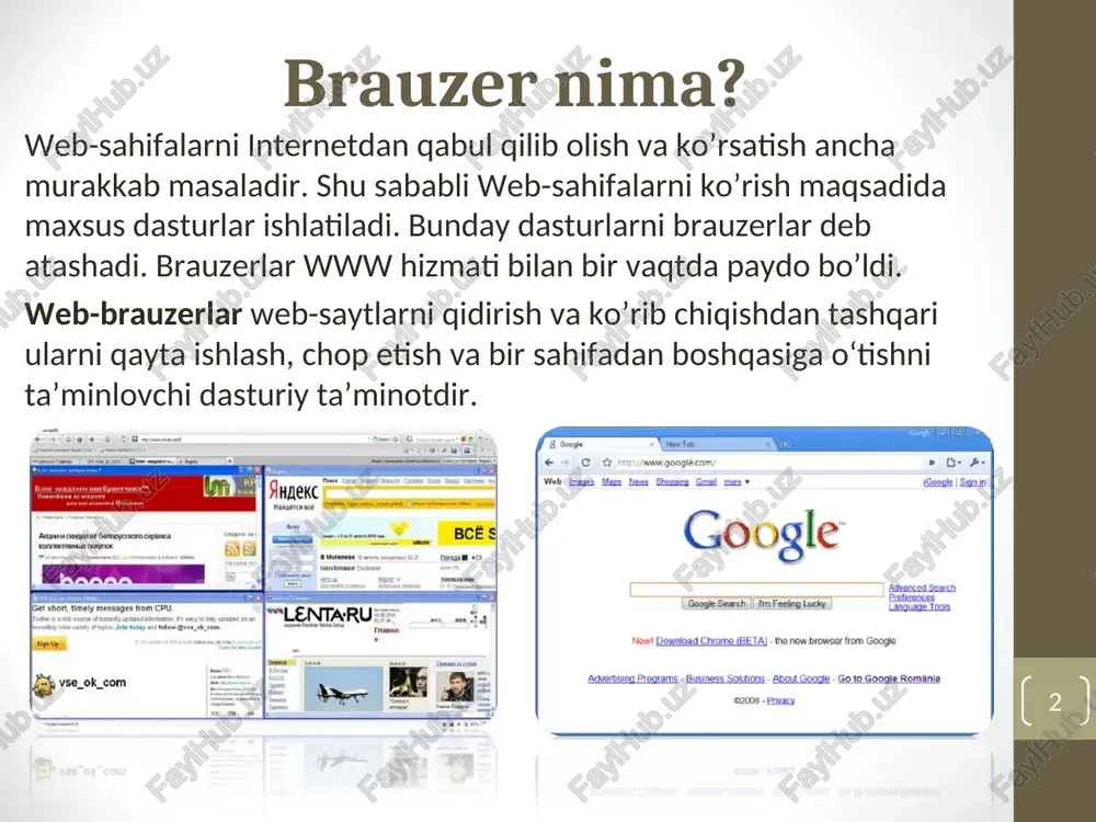2,43 % tashkil etgan. tallinna teeninduskool - teko opera opera - opera software asa kompaniyasi tomonidan yaratilgan web-brauzer va dasturiy paketdir. bu brauzer c++ dasturlash tilida yozilgan bo’lib yuqori tezlikka ega va asosiy web-texnologiyalar bilan moslanuvchan. uzoq vaqt operaning boshqa brauzerlardan asosiy farqli tomoni, vkladkalar yordamida ko’p sahifalarni ko’rsata olishi va ko’rilayotgan hujjatni grafikalari bilan birga masstabini o’zgartira olishi edi. hozirda bu funksiya ko’pchilik boshqa brauzerlarga xam o’rnatildi. * opera brauzerning havfsizlik tizimiga quyidagilar kiradi: fishinglardan himoya; maxfiy axborotlarni so’rovlarini qo’shimcha kodlashtirish; http-cookieslarni o’chirich imkoniyati; ko’rib chiqilgan sahifalar tarixini o’chirish. * maxthon maxthon- maxthon international limited xitoy kompaniyasi tomonidan tashkil etilgan microsoft windows uchun yaratilgan tekin veb-brauzerdir . 16 aprel 2012 yil ma’lumotiga ko’ra foydalanuvchilar 650 mln.dan ortiq ma’lumotlar yuklab olishgan. * * 2012 yil bo’yicha brauzerlardan foydalanish statistikasi * statistika populyarnosti brauzerov 2012 * * mundarija brauzer nima? internet explorer mozilla firefox safari google chrome opera maxton foydalanish statistikasi …