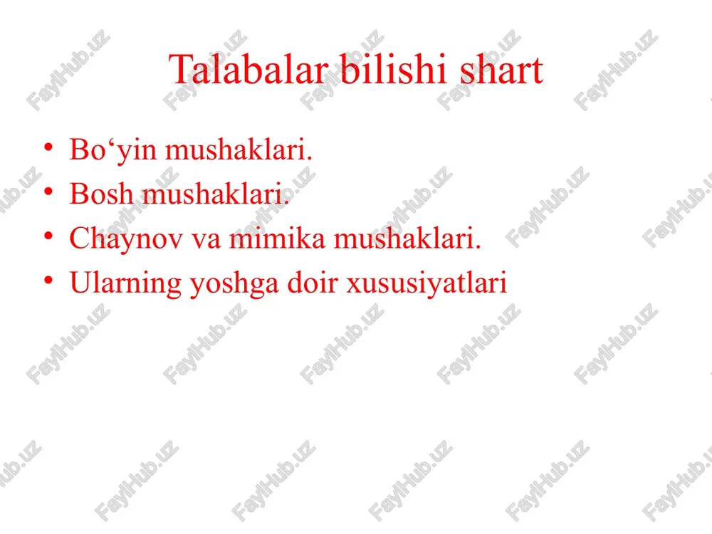 alin va keng bo’lib peshona suyagining burun qismi va yuqori jag’ suyagining peshona o’simtasidan va qovoqlarning medial boylamidan boshlanadi. ko’z yoshi qismi (pars lacrimalis) ko’z yoshi suyagi qirrasidan va lateral yuzasidan boshlanadi. mushakning uchchala qismi ko’z yorig’ining lateral chetiga, yuqori va pastki qovoqlarning birlashgan eriga birikadi. faoliyati: ko’z tirqishini yopadi. ko’z yosh xaltachasini kengaytiradi. innervatsiyasi: facialis. qon bilan ta’minlanishi: a. facialis, a. temporalis superficialis, a. infraorbitalis, a.supraorbitalis qoshlarni yaqinlashtiruvchi mushak (m. corrugator supercilli) qoshlarni yaqinlashtiruvchi mushak (m. corrugator supercilli) qosh usti ravog’ining medial chetidan boshlanib yuqori va lateral tomonga yo’naladi va o’z tomonidagi qosh terisiga birikadi. faoliyati: qoshlarni bir-biriga yaqinlashtirib, qoshlar o’rtasida vertikal burmalar hosil qiladi. innervatsiyasi: facialis. qon bilan ta’minlanishi: a. frontalis, a. temporalis superficialis, a.supraorbitalis burun atrofidagi mushak (m. nasalis) burun atrofidagi mushak (m. nasalis) yuqori jag’ suyagining qoziq va lateral kurak tishlari al’veolasi ustidan boshlanib yuqoriga ko’tariladi va ikki qismga bo’linadi. ko’ndalang qismi (pars transversus) burun qanotini …