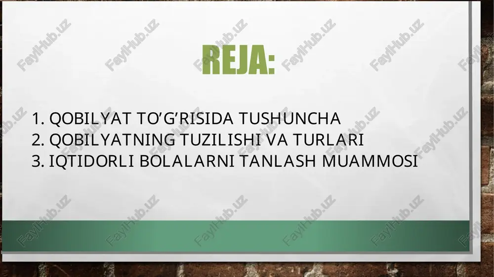 a qiziquvchanlik, o’zi ifodalashga intiluvchanlik va boshqalar. odatda qobiliyatlar insonga shaxsning barcha individual psixologik xususiyatlari kabi tabiat tomonidan tug’ma ravishda tayyor holda berilmaydi, balki hayot davomida va faoliyat jarayonida shakllanadi. shaxs qobiliyatini rivojlantirishda barqaror, turg’un, kasbiy maxsus qiziqishlar muhim omillar, vositalar tariqasida xizmat qiladi. maxsus qiziqishlar inson faoliyatidagi u yoki bu sohaning mazmuniga nisbatan intilishidan iborat shaxsiy fazilat, ichki turki, harakatlantiruvchi kuchdir. bunday maxsus qiziqishlar turlicha faoliyat bilan kasbiy tayyorgarlik sifatida shug’ullanish moyilligiga o’sib boradi. bilishga oid qiziqish faoliyat usullarini amaliy jihatdan o’zlashtirib olishni, shaxsda o’z-o’zini boshqarishni ta’minlashga yordam beradi.